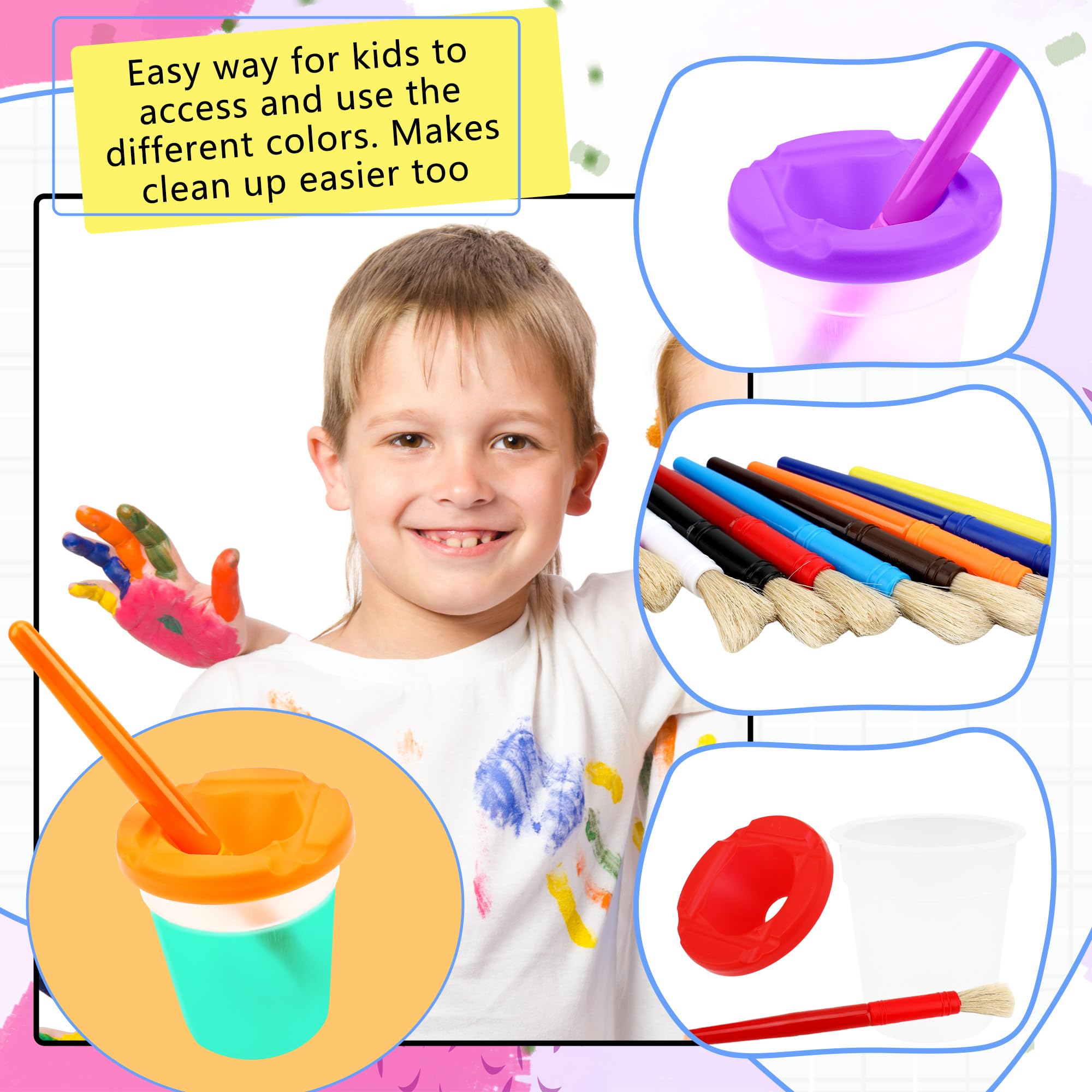 48 Pcs Kids Paint Cups with Lids - 24 No Spill Paint Containers & 24 Toddler Paint Brushes for Preschool Art Supplies, Classroom Furniture - Perfect for DIY Crafts, Home & School Painting Activities
