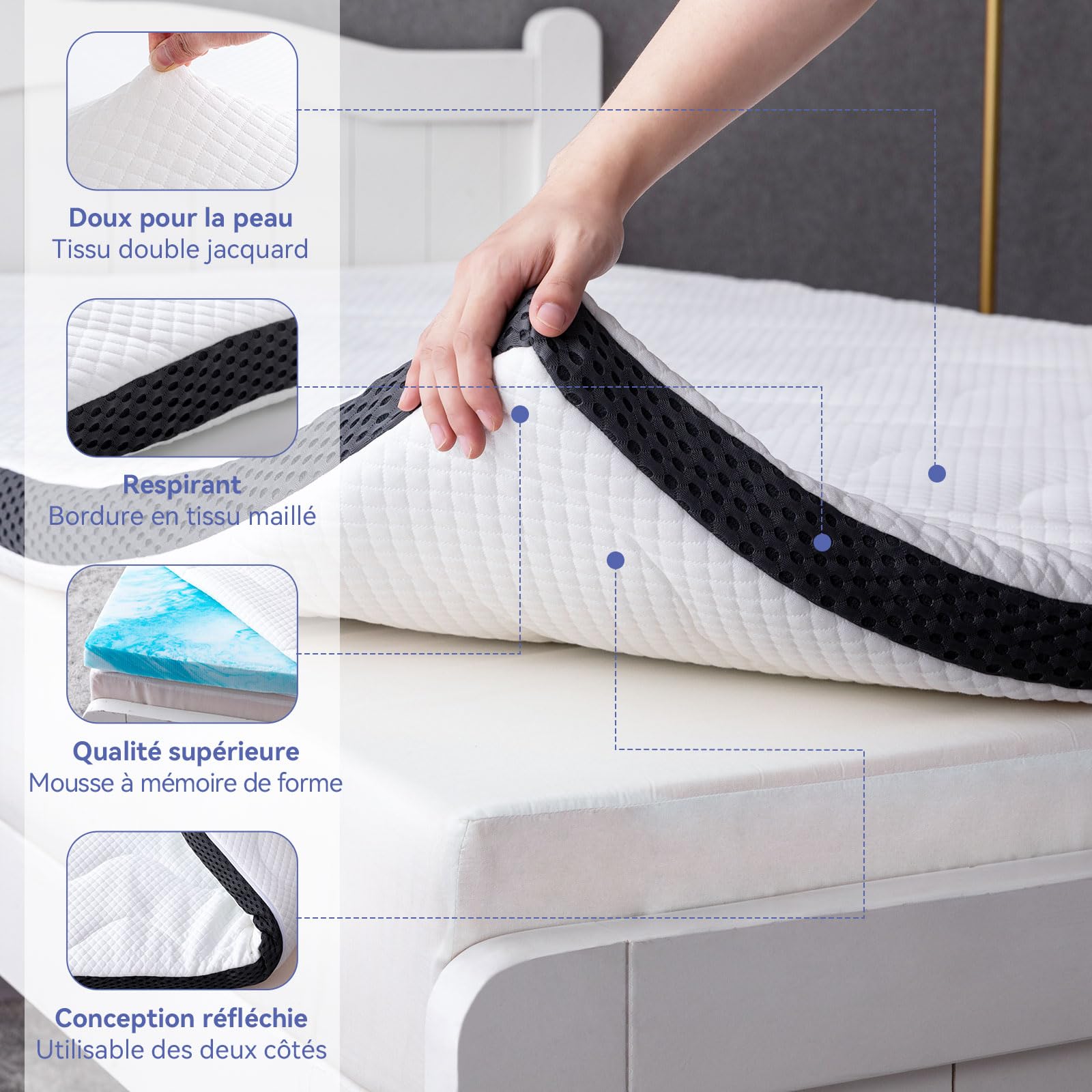 Amazon Basics Cooling Gel Memory Foam Mattress Topper - 7cm Thick, 80x190cm, White - Queen Size Bed Topper for Pressure Relief & Temperature Regulation, Perfect for Hot Sleepers & Back Pain Relief