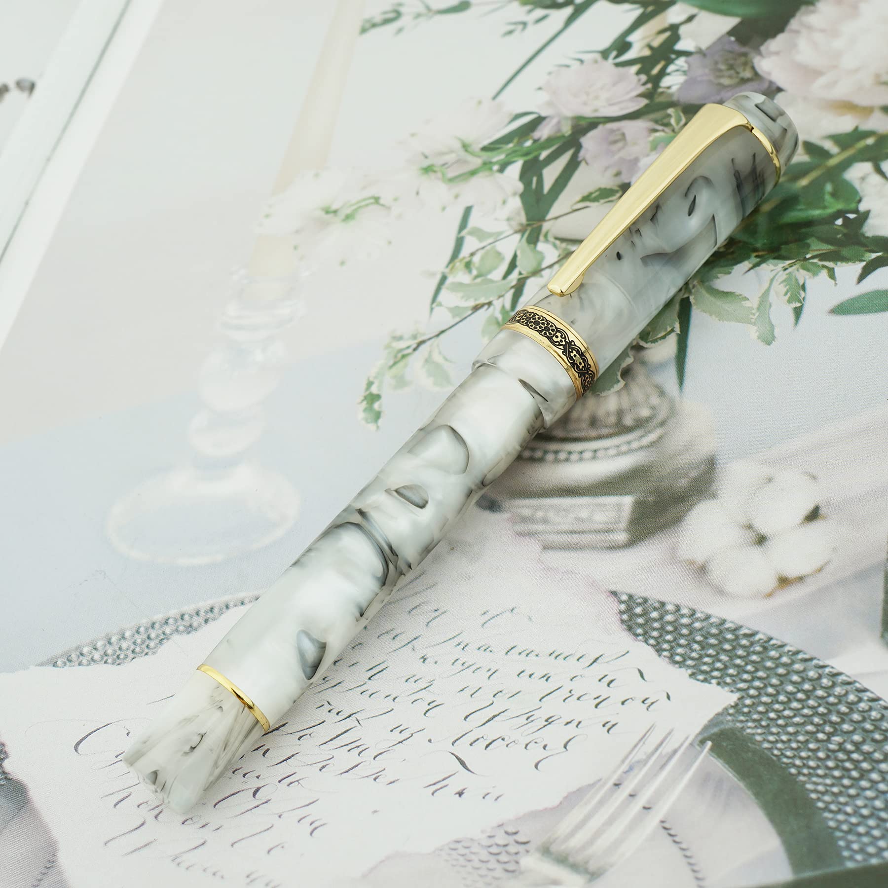 Asvine Kaigelu 316 White Marble Acrylic Fountain Pen with Iridium Medium Nib - Classic Elegant Writing Instrument with Ink Converter for Calligraphy, Journaling & Office Use