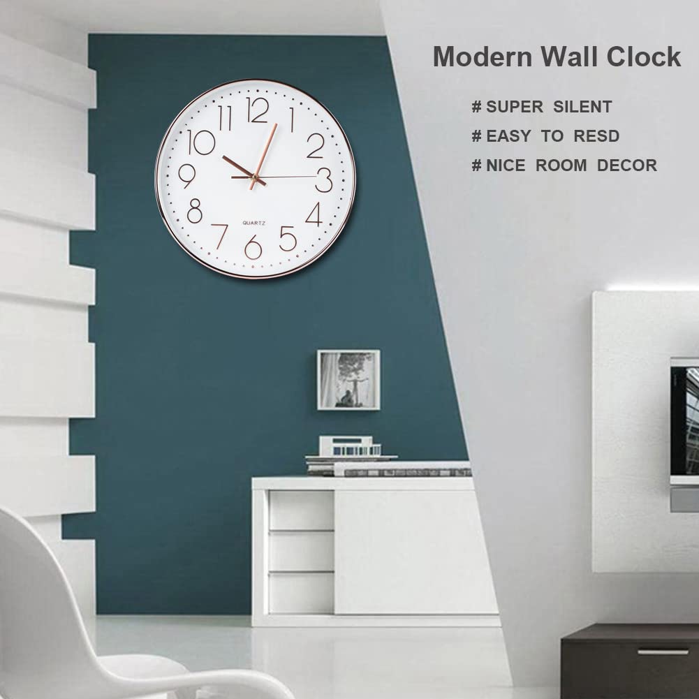 12 Inch Silent Non-Ticking Modern Wall Clock - Battery Operated Round Quartz Clock for Kitchen, Bathroom, Bedroom, Living Room & Office - Perfect Home Decor & Classic Digital Clock for Stylish Interiors
