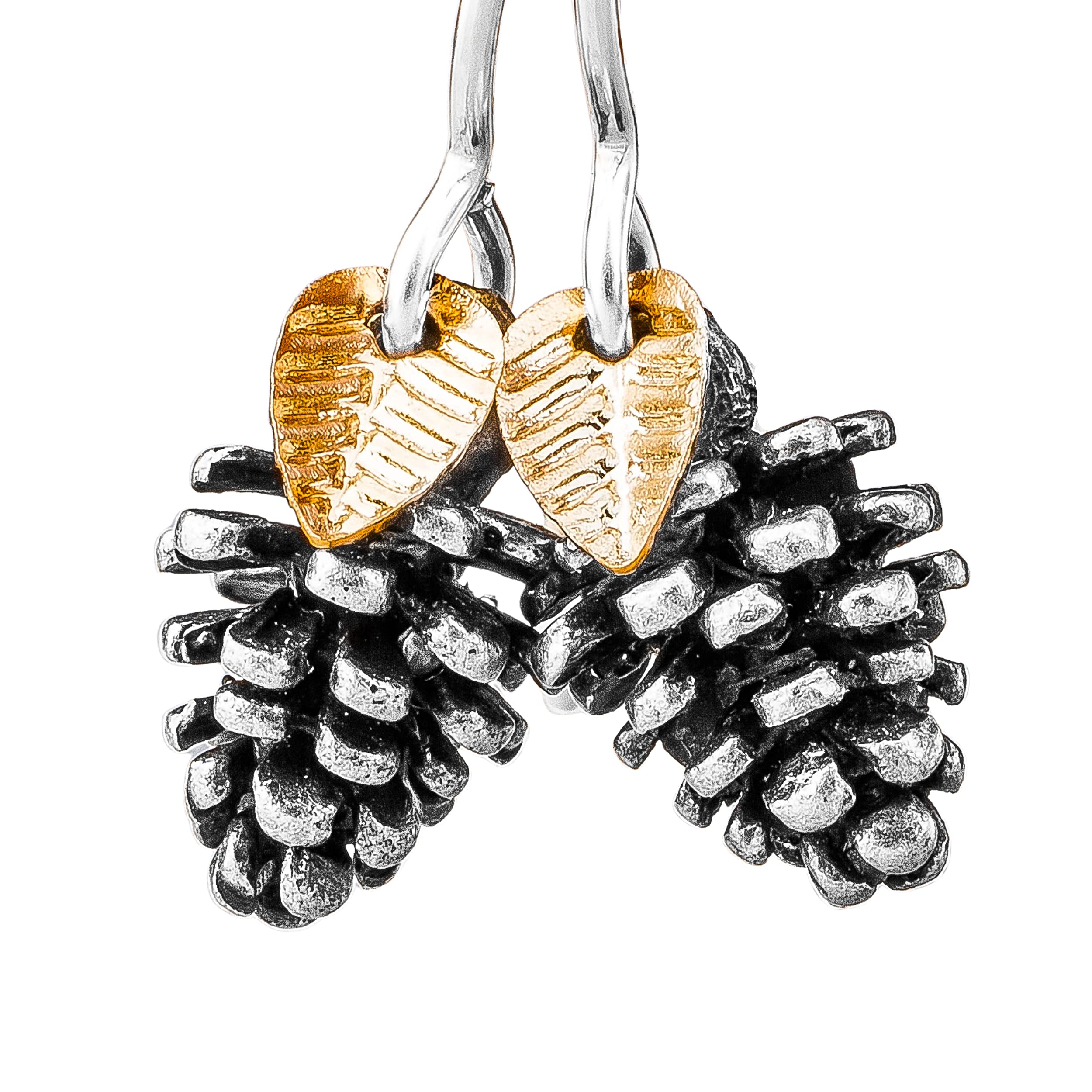Melanie Golden Artisan Jewelry Pinecone Earrings with Leaves - 925 Sterling Silver or Silver Plated Brass - Elegant Nature-Inspired Earrings for Women, Perfect for Weddings, Parties, and Everyday Wear