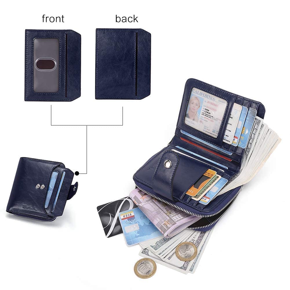 BOSTANTEN Women's Leather Designer Handbag Tote Purse Shoulder Bucket Bag in Navy Blue with RFID Blocking Zipper Pocket - Includes Small Bifold Leather Wallet Card Case - Perfect for Work, Travel and Everyday Use
