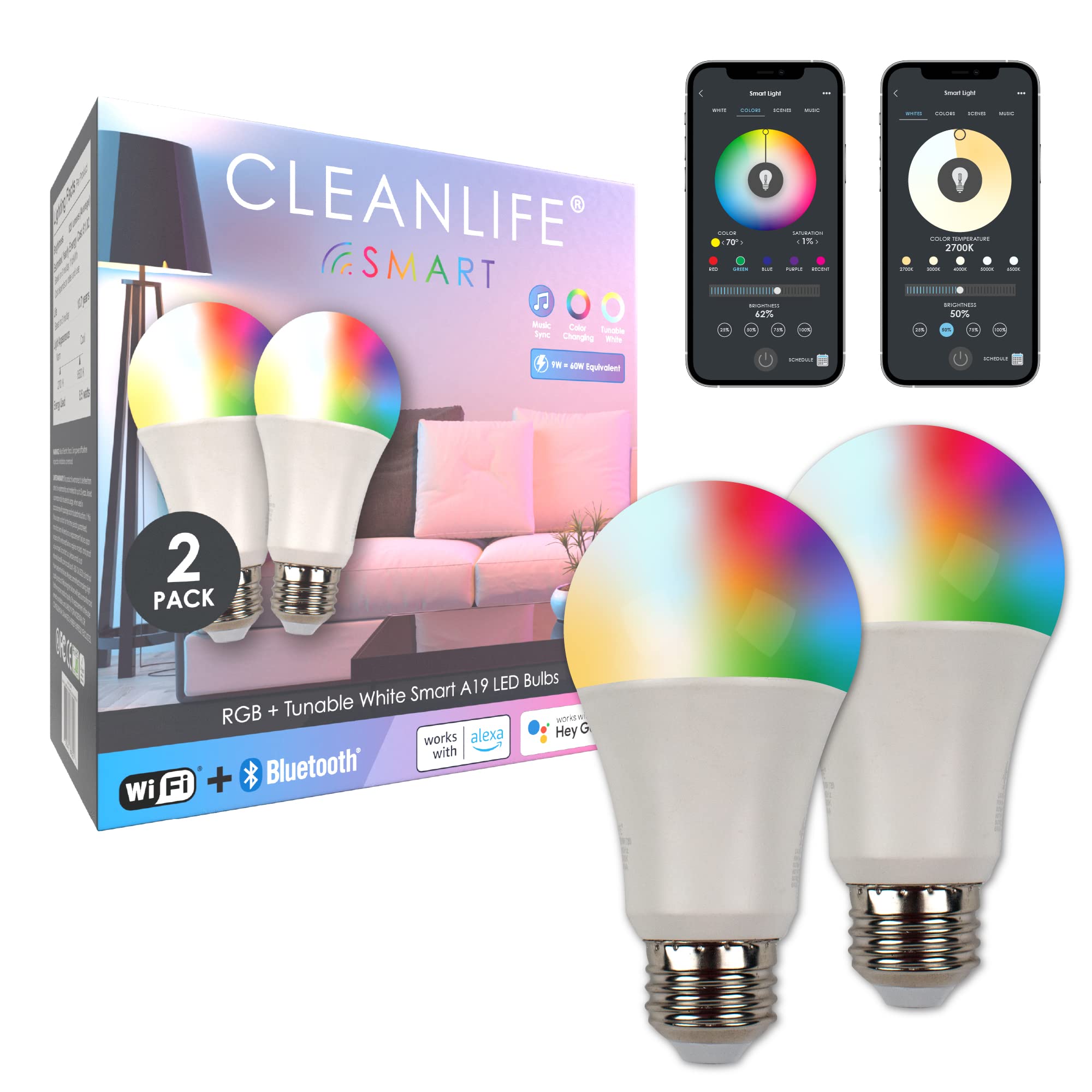 CLEANLIFE Smart Gen 2 A19 LED Bulb - 16 Million RGB Colors & Tunable White WiFi Bluetooth Smart Bulb, App Controlled Dimmable 9W LED Lights for Home, Bedroom, Party & Holiday Decor - Pack of 2 Energy Efficient Bulbs