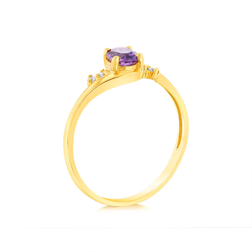 9ct Yellow Gold Amethyst & Cubic Zirconia Swirl Ring for Women - Elegant Purple Gemstone Jewelry Gift for Birthday, Anniversary & Valentine's Day