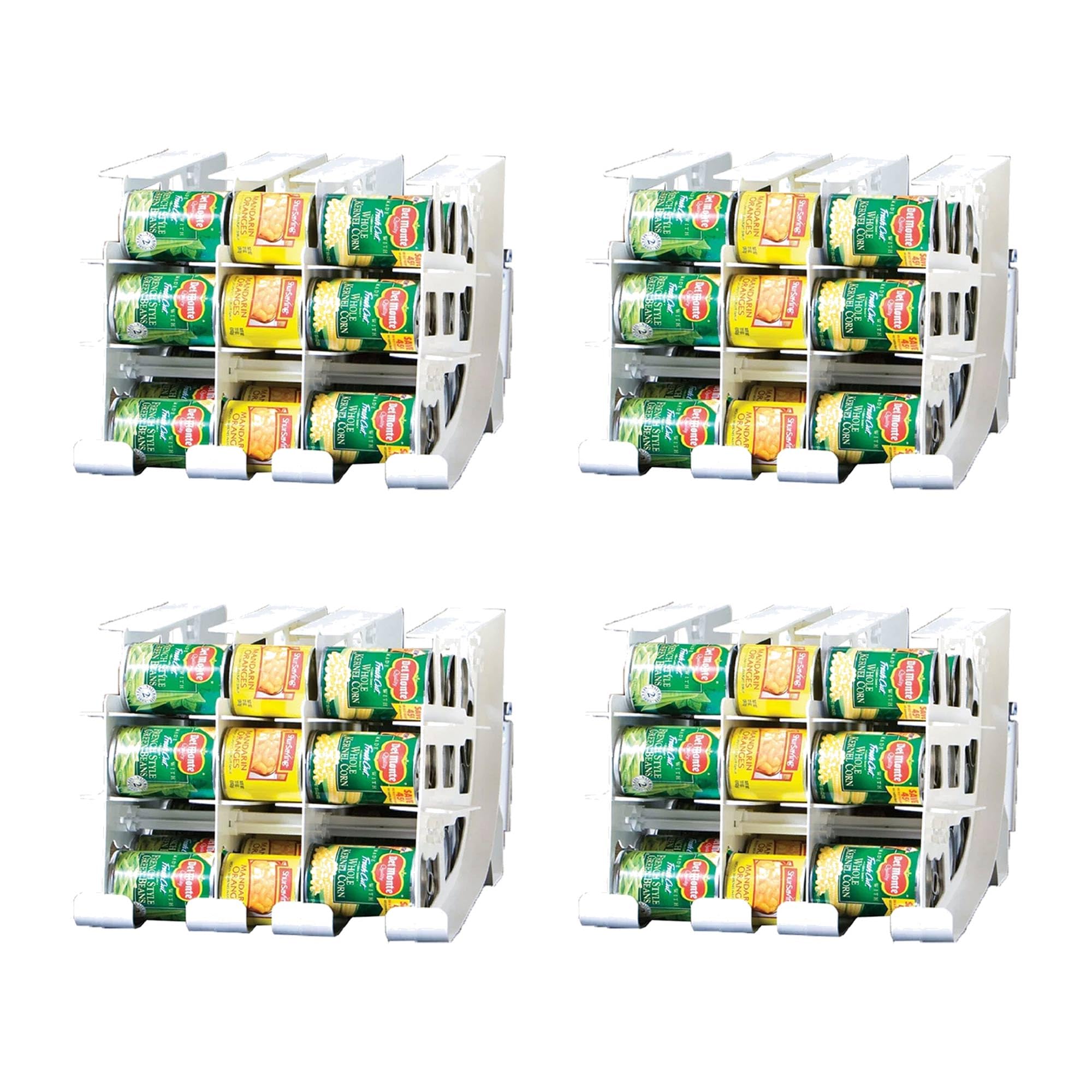 FIFO Can Organizer for Pantry - Stackable & Adjustable Canned Food Storage Rack Holds 54 Standard 10-15oz Cans | White Rotating Soda Can Dispenser for Kitchen Countertop (4 Pack) | Perfect for Organizing Canned Goods, Beverages & Pantry Items