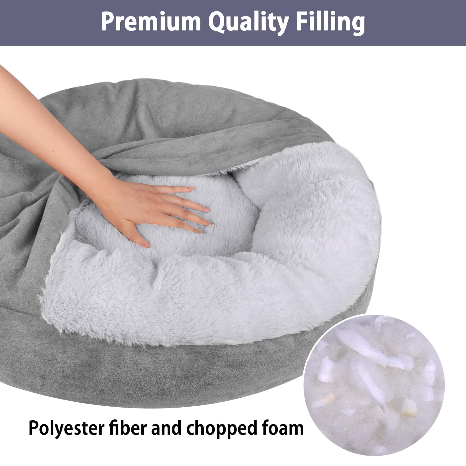 MICOOYO Large Donut Dog Bed with Hooded Blanket - 30 Inch Round Washable Pet Bed for Dogs & Cats, Calming Cuddler Bed for Puppies & Large Dogs - Perfect for Home, Crate & Travel Use (Grey)