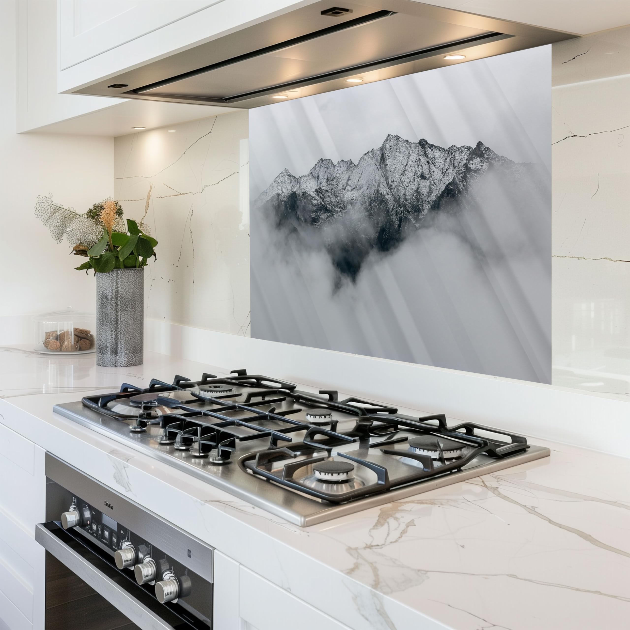 Premium Tempered Glass Kitchen Backsplash - Heat Resistant Stove Backsplash with Peel & Stick Installation | Easy to Clean Splash Guard for Cooking, Baking & Food Prep Areas