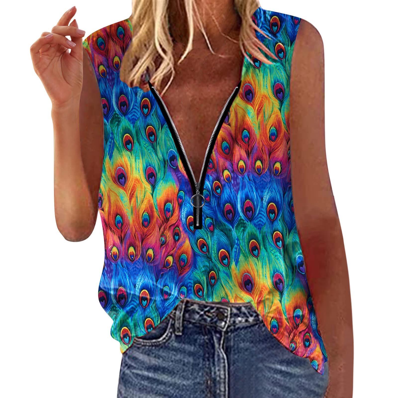 Trendy Women's Summer Fashion Tank Tops - Loose Fit V-Neck Cami Tops with Cute Printing & Zip Closure | Perfect for Beach Outings, Casual Wear & Summer Vacations