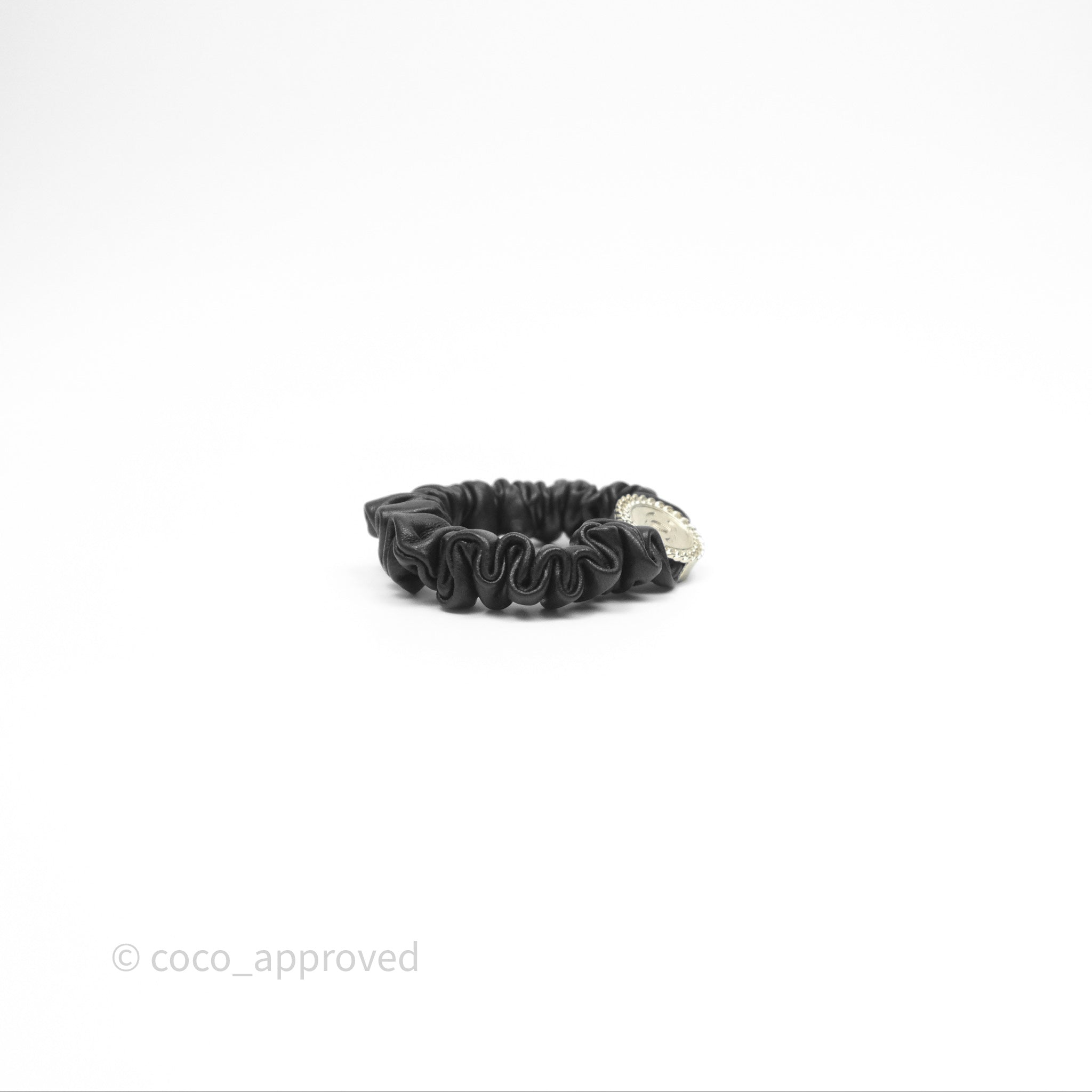 Chanel CC Logo Black Leather Scrunchie Hair Tie with Gold Tone Hardware - Elegant Hair Accessory for Women, Perfect for Parties, Weddings & Everyday Wear