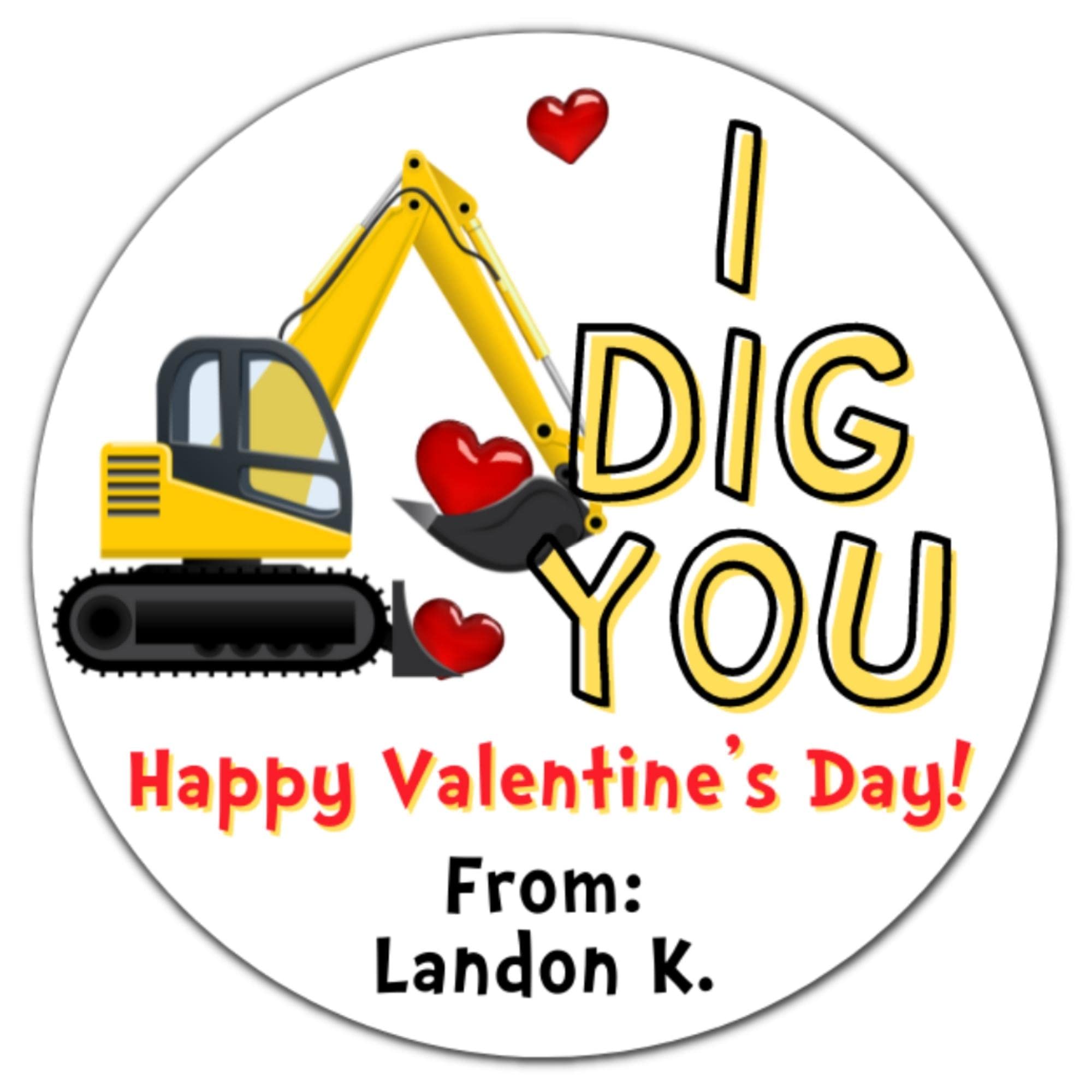 Custom Construction Digger Valentine's Day Stickers for Kids - 20-Pack 2 Inch Classroom Valentines Favors - Personalized Boy's Valentine Labels for School Parties & Gifts