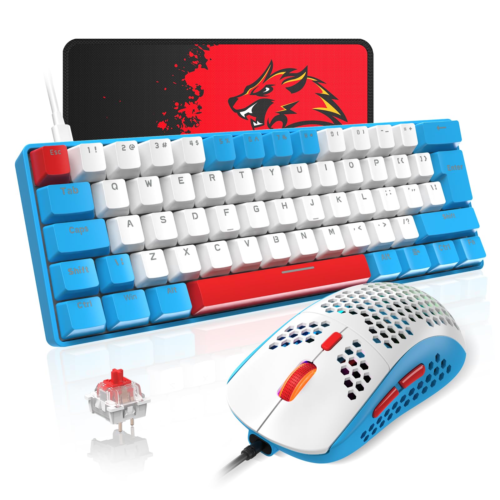 T60 UK Layout 60% Mechanical Keyboard and Mouse Combo - Compact 62-Key Wired Gaming Keyboard with 19-Color Rainbow Backlit, 6400DPI RGB Ultra-Light Gaming Mouse & Mouse Pad - Blue/Red Switch for PC, Laptop, MAC - Perfect for Gaming, Office Work & Typing Enthusiasts