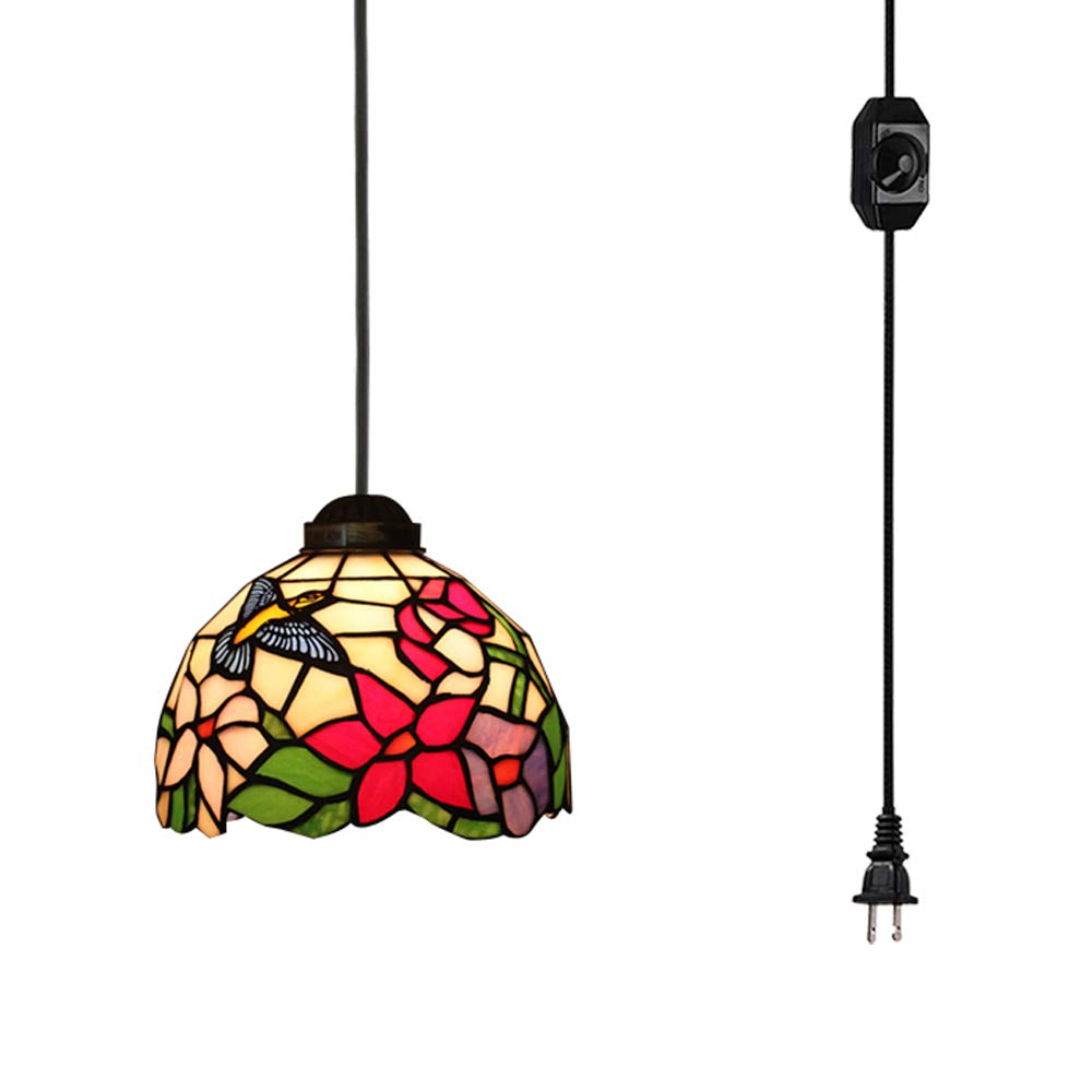 Vintage Tiffany Style Handmade Baroque Glass Chandelier - 20ft UL Certified Plug-in Dimmer Cord, Decorative Pendant Light (Bulb Not Included) - Perfect for Dining Room, Bedroom, or Foyer Lighting