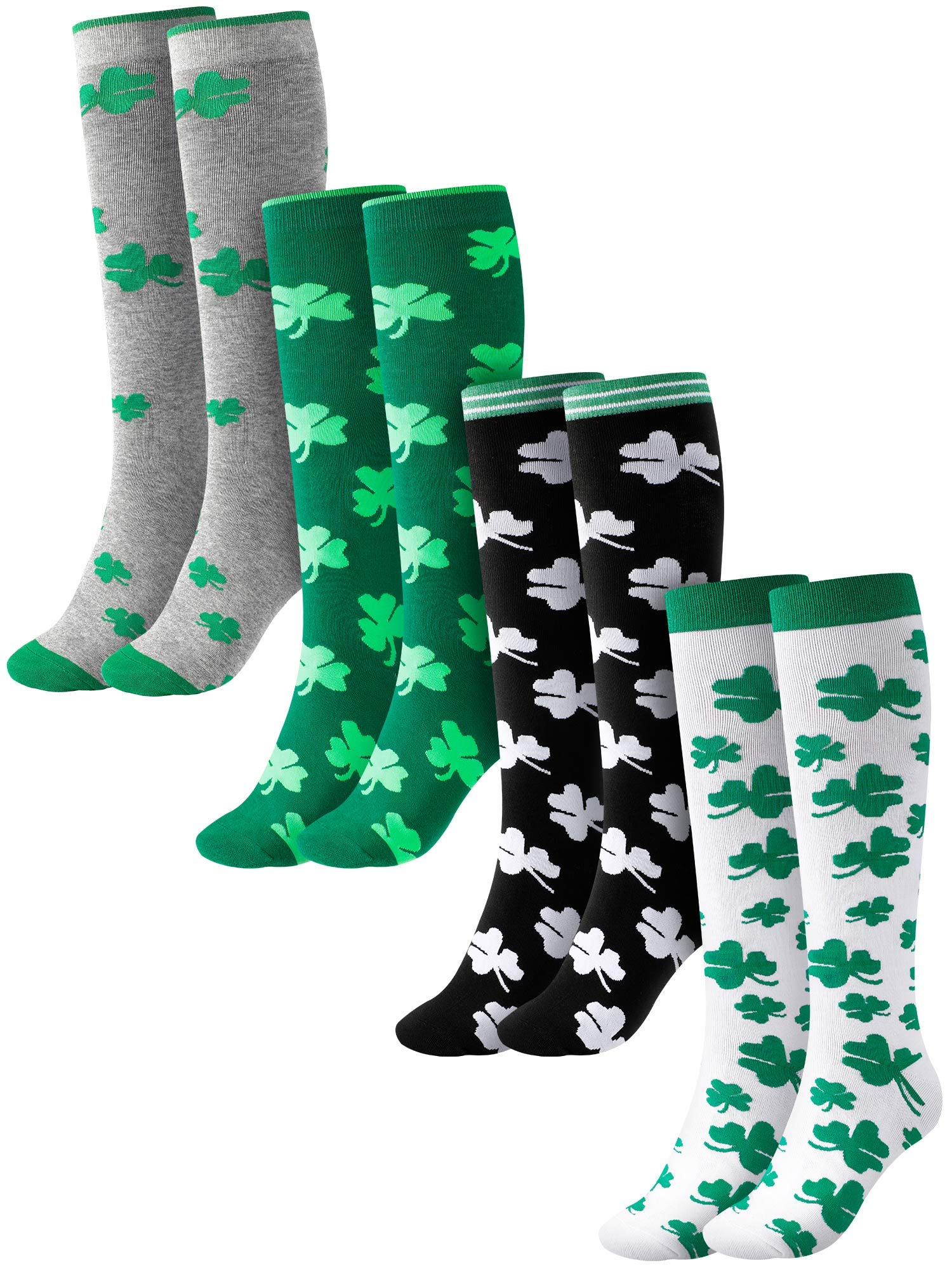 Geyoga 4 Pairs St. Patrick's Day Knee High Stockings - Shamrock Clover Irish Costume Socks for St. Patrick's Day, Mardi Gras, Halloween & Cosplay Parties - Festive Daily Wear Socks for Women & Girls