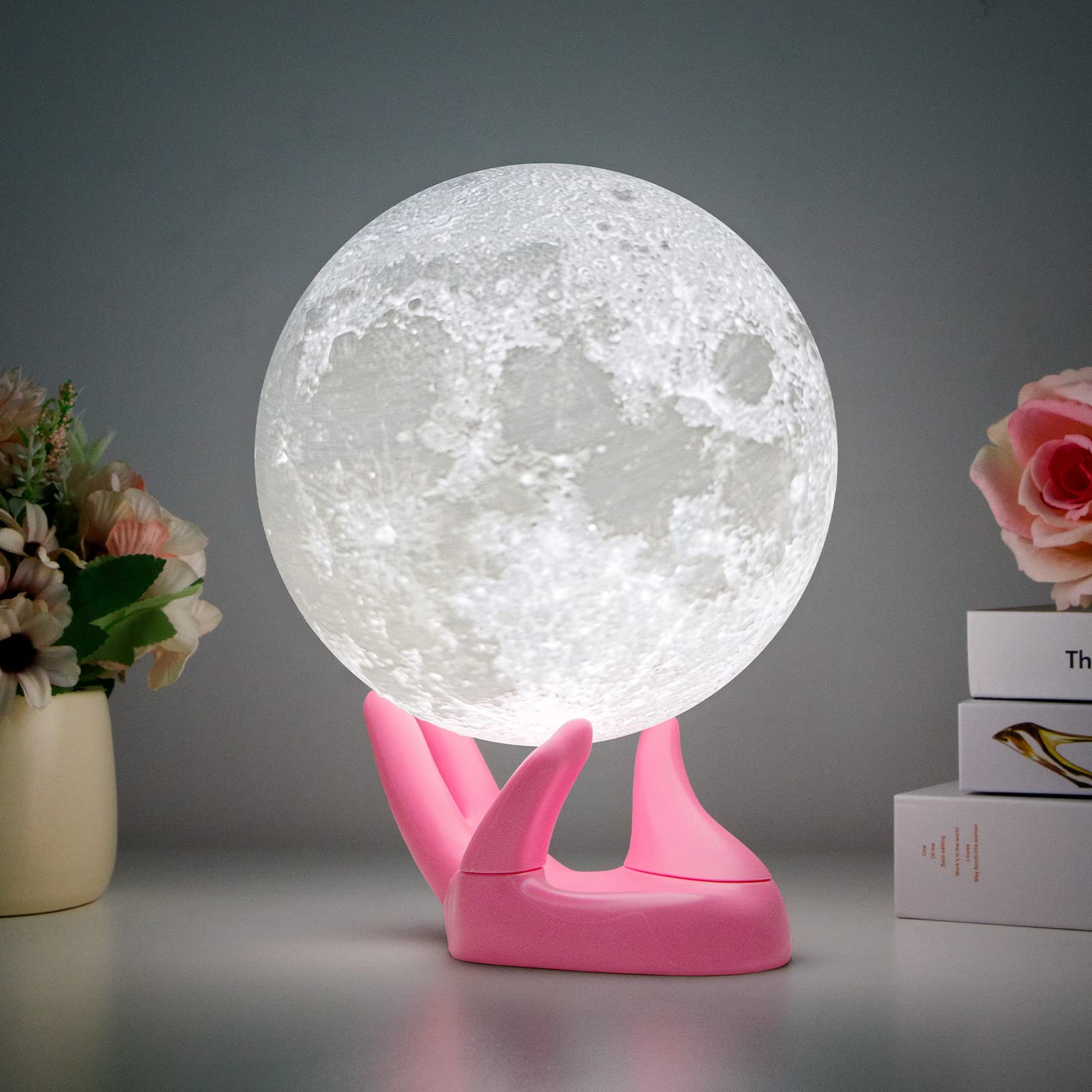 GZOKMOG 3D Printed Moon Lamp - 5.9 Inch 16 Color Changing Night Light with Remote/Touch Control, USB Rechargeable, Pink Hand Stand - Perfect Birthday Gift for Kids, Teens, Girls, Boys & Couples - Ideal for Bedroom Decor, Romantic Ambiance, Kids' Nightlight & Gift Occasions