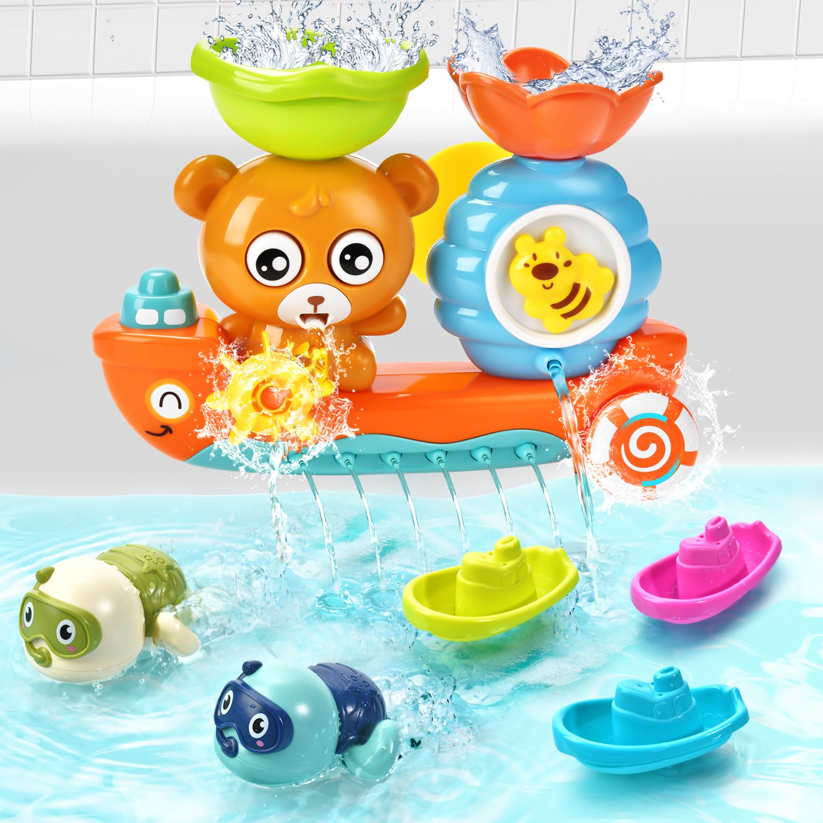 **Best Baby Bath Toys for Toddlers 1-3 Years - 2 Wind-Up Swimming Turtle Toys & 3 Floating Boat Bathtub Toys for Infants Boys & Girls 18+ Months - Fun & Safe Bath Time Play Set for Learning & Sensory Development**