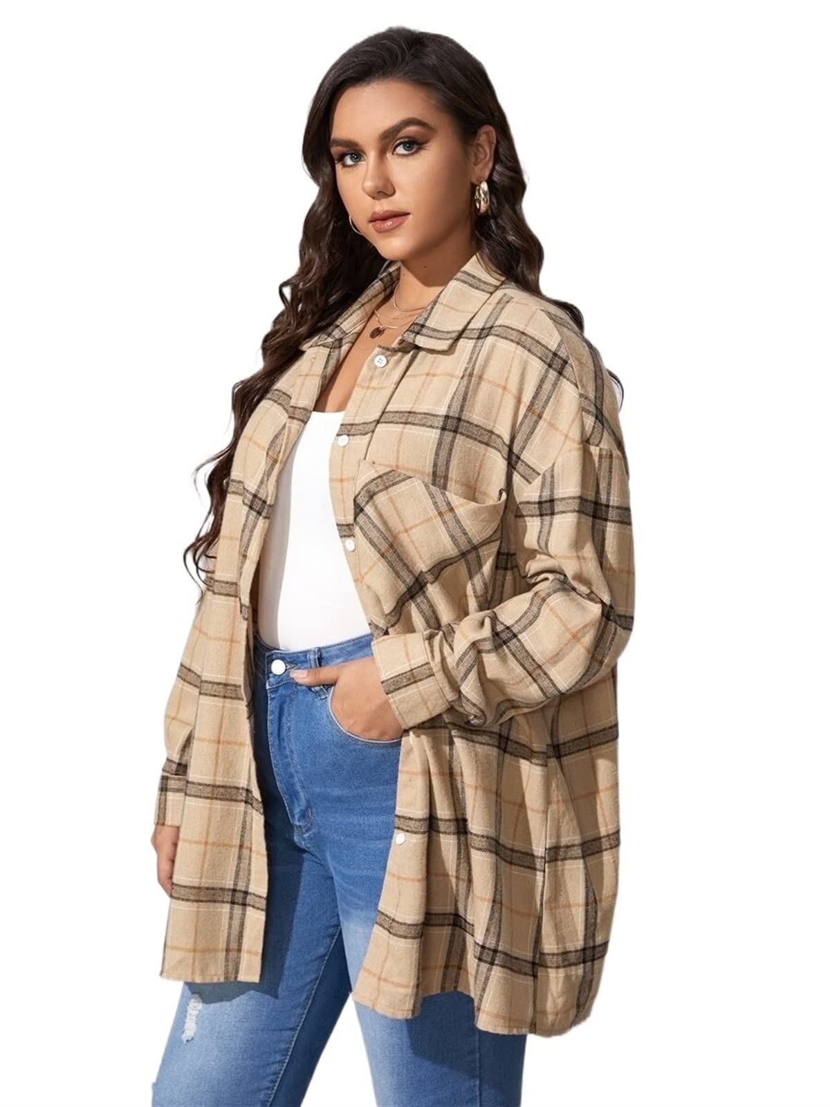 TINMIIR Women's Plus Size Drop Shoulder Plaid Longline Blouse - Oversized Button Front Tunic Shirt Top with Pockets for Casual Wear, Office & Date Night Outfits