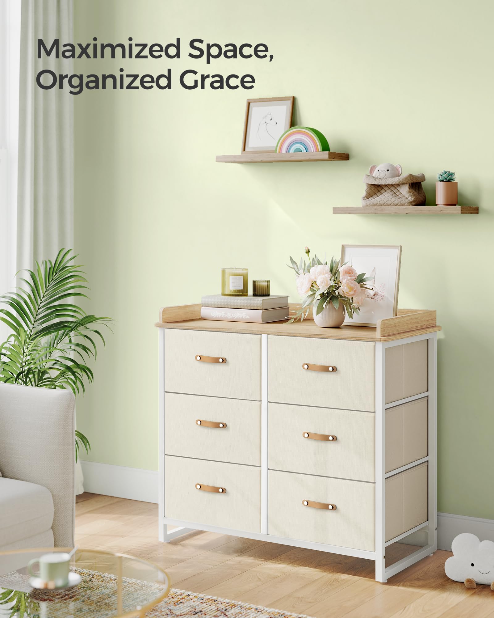 SONGMICS 6-Drawer Kids Dresser for Boys & Girls - Water-Resistant Tabletop, Storage Organizer Cabinet - Ideal for Bedroom, Nursery, Hallway - Beige UGKR101K01 | Perfect for Kids' Room Organization & Toy Storage