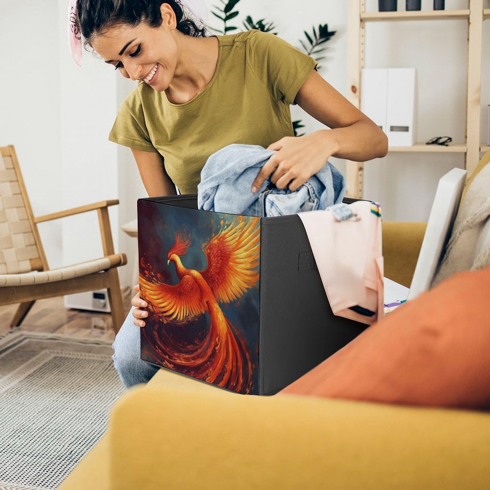 Foldable Canvas Storage Box with Orange Red Phoenix Print - Organize Clothes, Toys & Home Items | Perfect for Closet, Bedroom & Dorm Organization