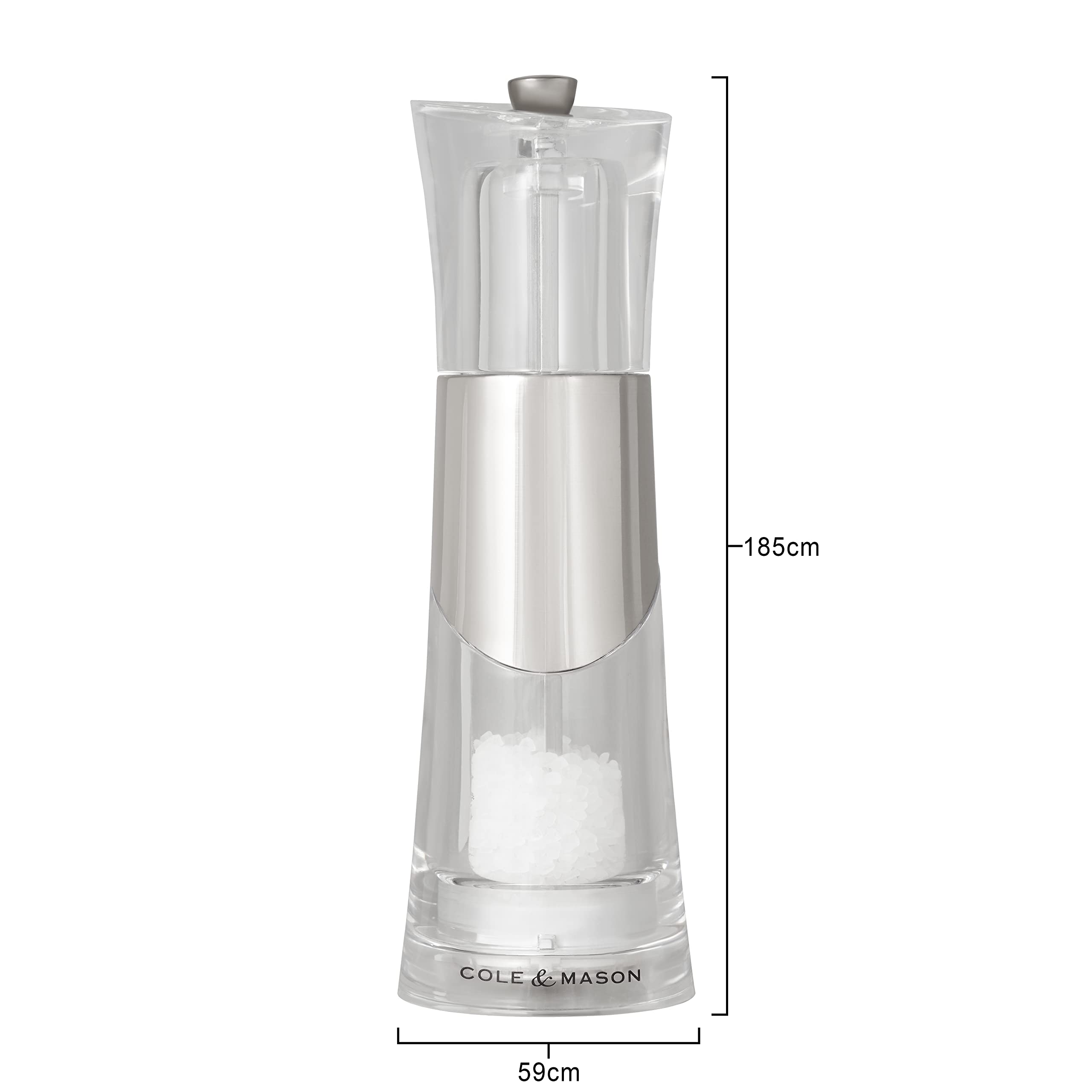 Cole & Mason H57272P Bobbi Salt Mill - Premium Chrome/Acrylic Design, 185mm Precision+ Grinder for Gourmet Salt - Perfect for Kitchen, Dining Table & Gift Giving