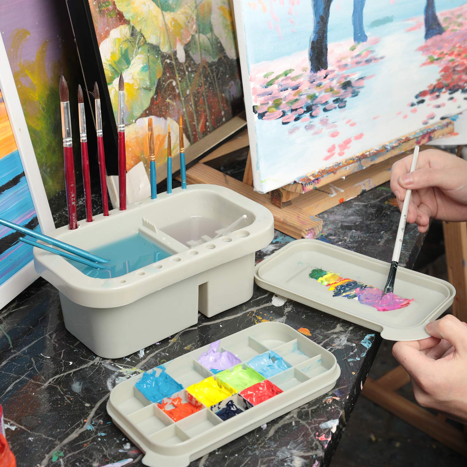 MyLifeUNIT Paint Brush Cleaner & Holder Organizer with Palette - Perfect for Acrylic, Watercolor & Water-Based Paints (Grey) | Ideal for Artists, Hobbyists & DIY Painting Projects at Home or Studio