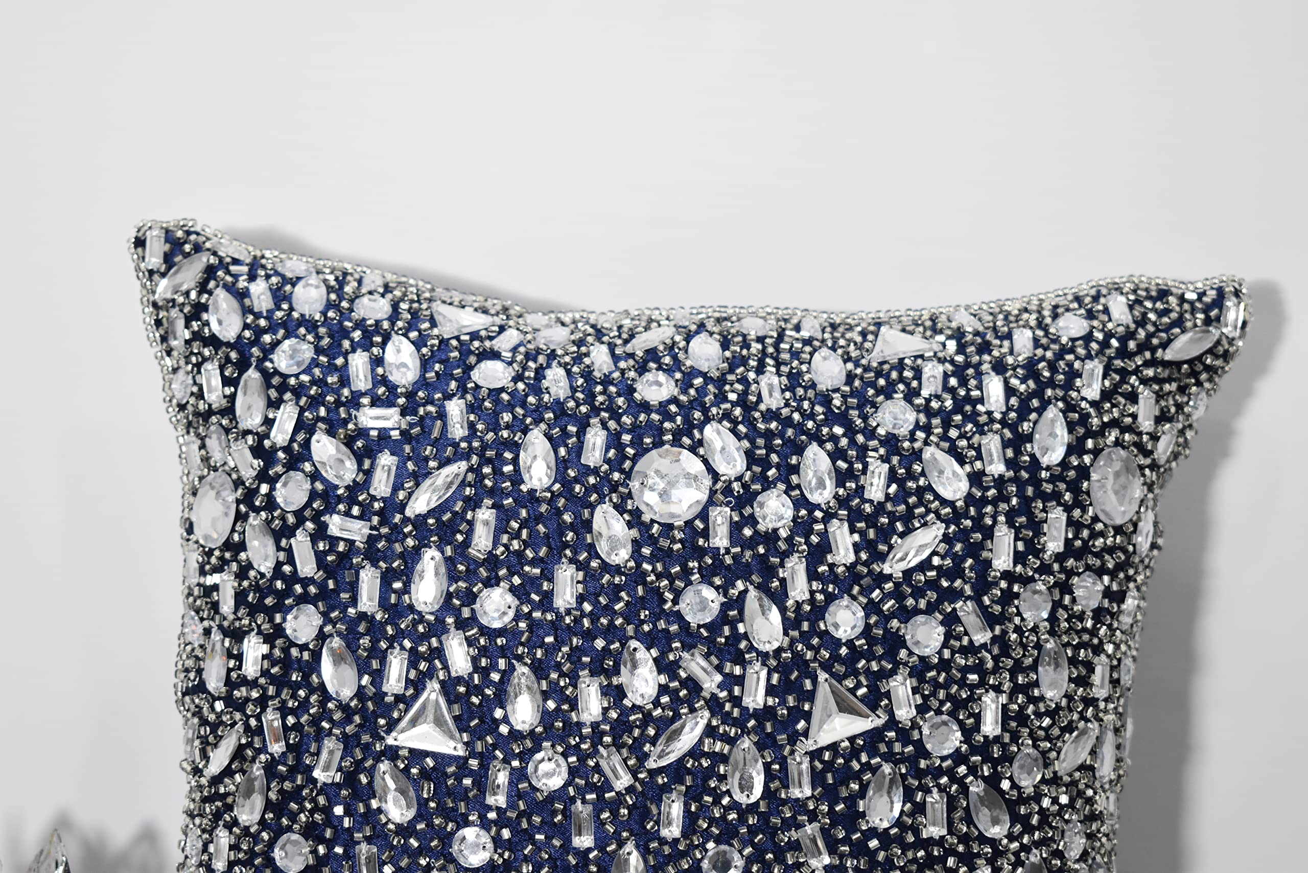 Luxury Navy Blue Silver Beaded Throw Pillow Cover - Handmade Embroidered Decorative Pillow for Sofa, Bed, Couch - Modern Contemporary Embellished Custom Design (26x26 Inches) - Perfect for Living Room, Bedroom Decor