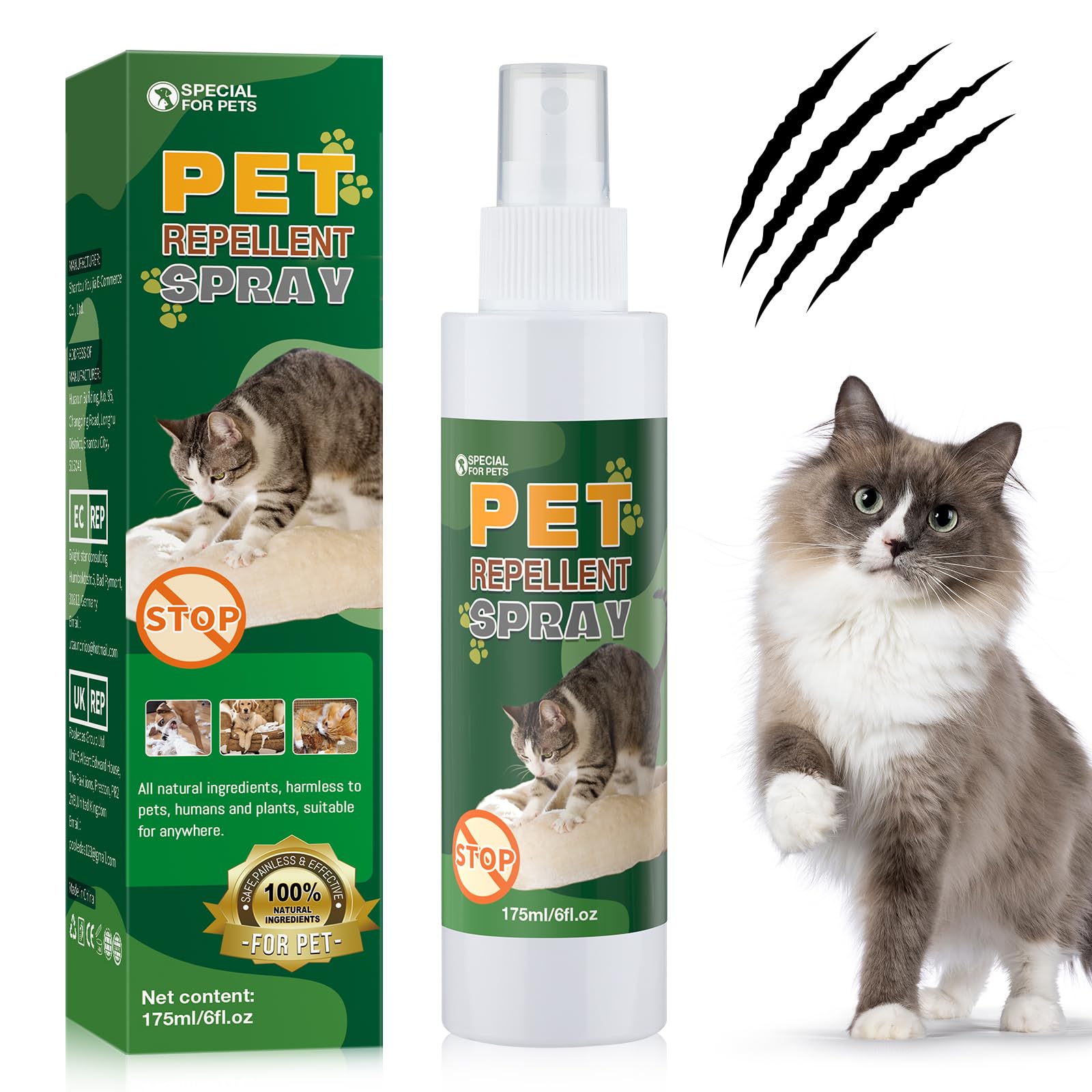 Natural Cat Deterrent Spray - Safe Indoor & Outdoor Pet Repellent for Cats, Dogs & Kittens | Protects Furniture, Plants from Scratching | 175ml Bottle | Ideal for Sofas, Gardens & Doorways
