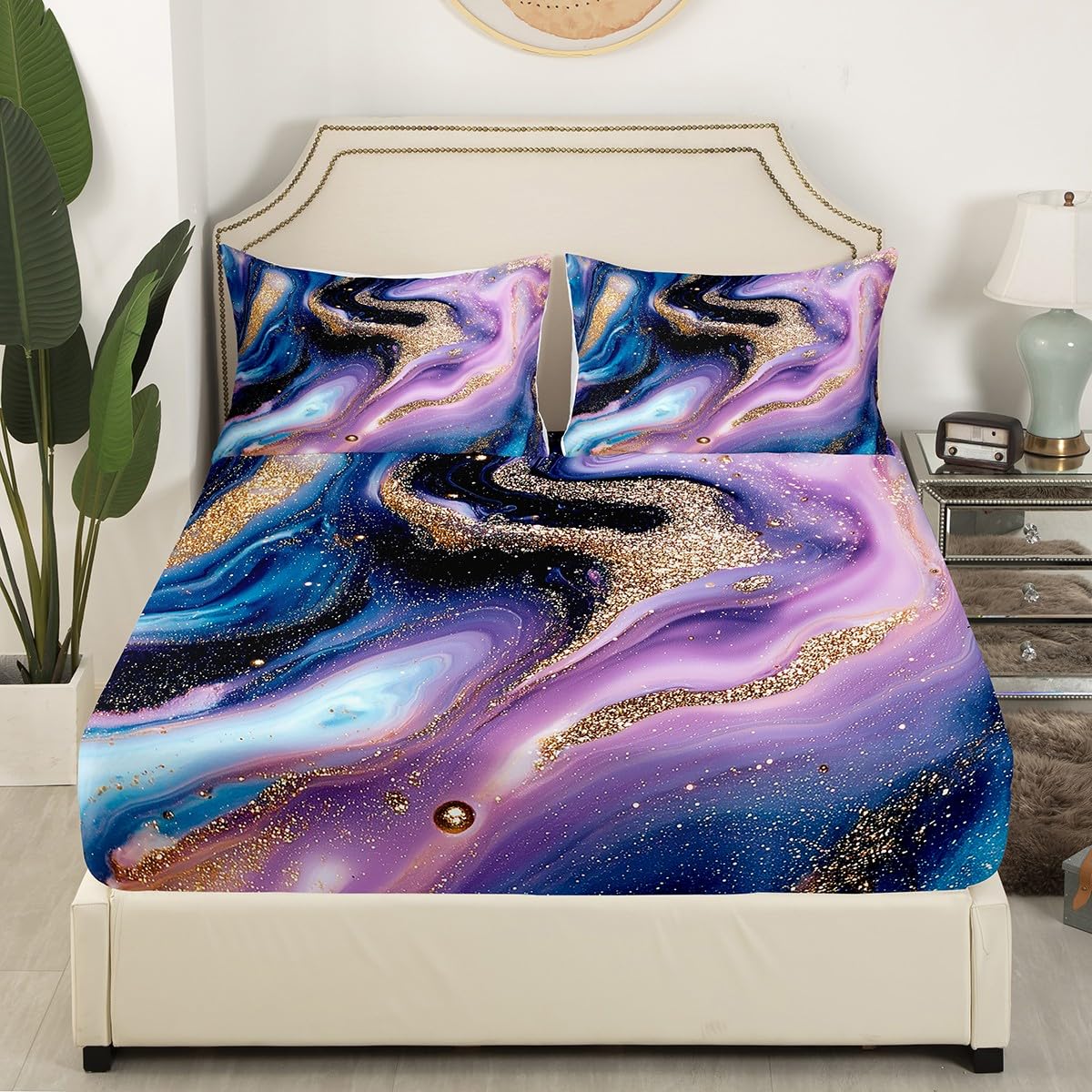 Modern Marble Twin Fitted Sheet Set - Blue Purple Gold Abstract Stone Pattern Bedding | Soft Tie-Dye Pastel Design for Kids, Teens & Adults | Perfect for Nursery, Dorm Room & Master Bedroom Decor