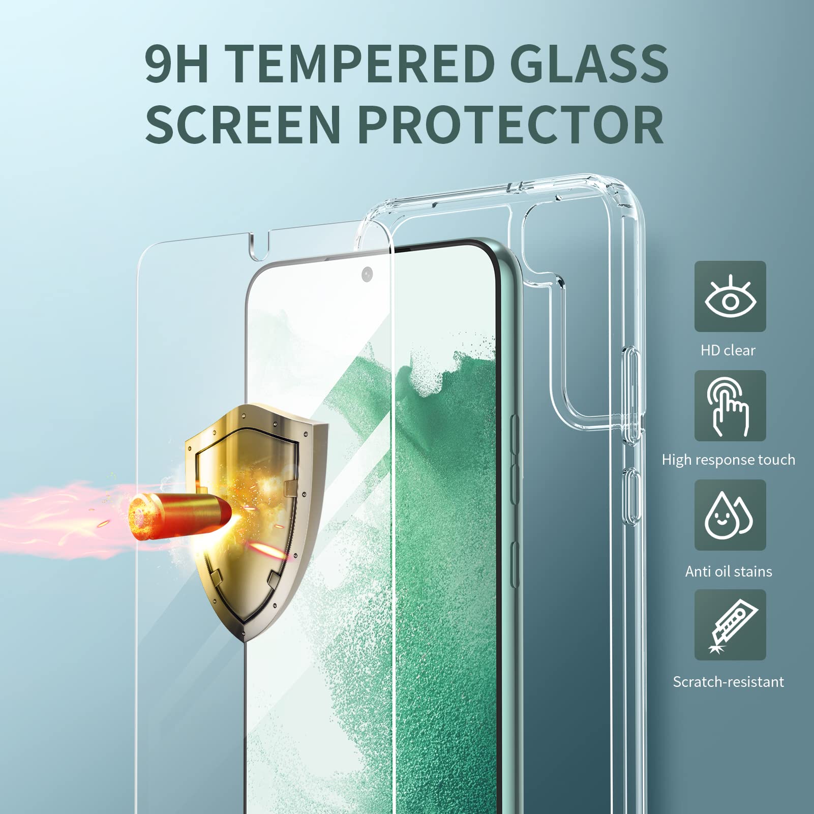 Seacosmo [5 in 1] Military Grade Shockproof Case for Samsung Galaxy S22+ Plus 5G (6.6 Inch) - Includes 2x Tempered Glass Screen Protectors + 2x Camera Lens Protectors | Slim Protective Cover for Everyday Use, Work & Outdoor Activities