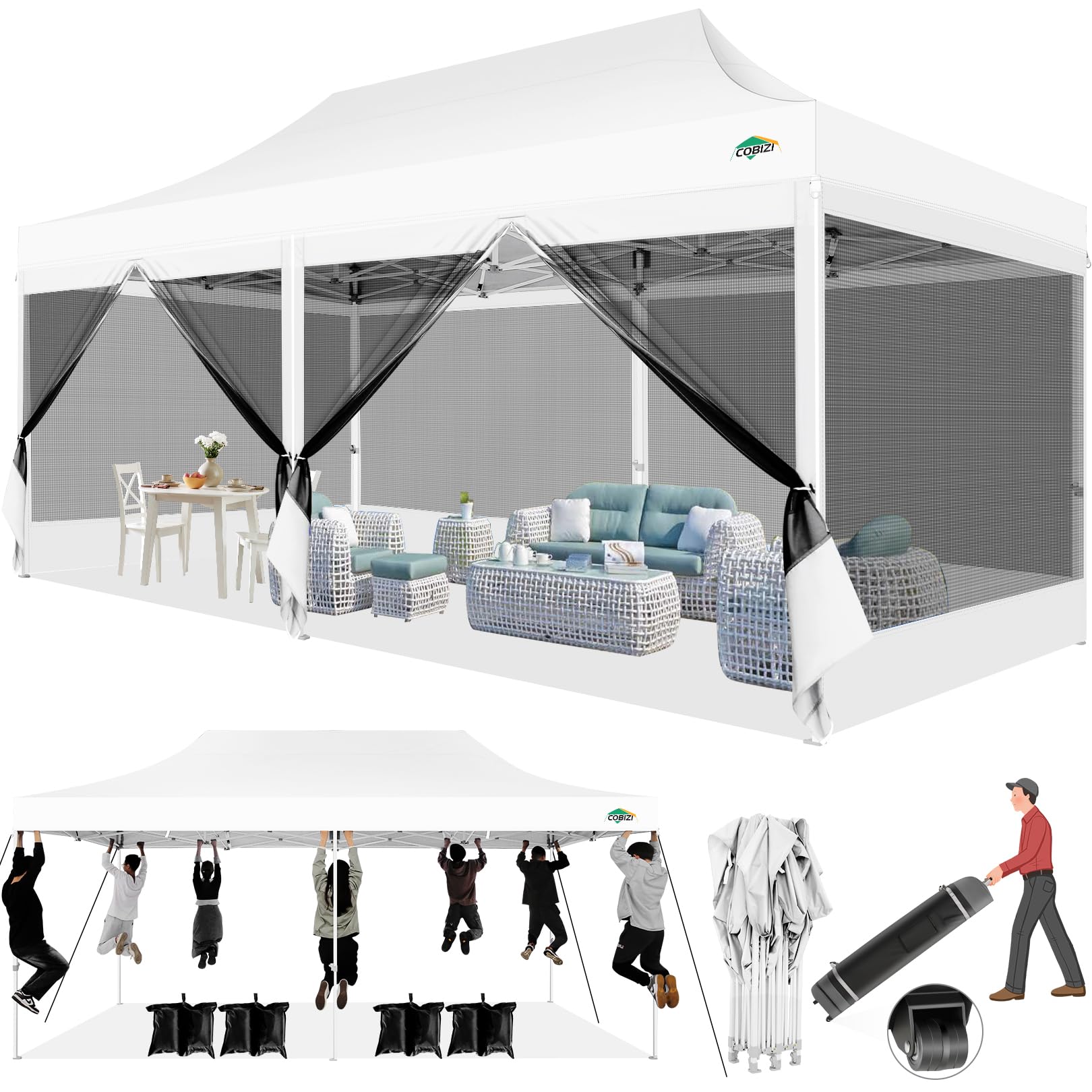 COBIZI 10x20 Heavy Duty Pop Up Canopy Tent with 6 Sidewalls & Mosquito Net - Easy Setup Outdoor Shelter for Parties, Backyard Events & Camping - Includes Roller Bag (White)