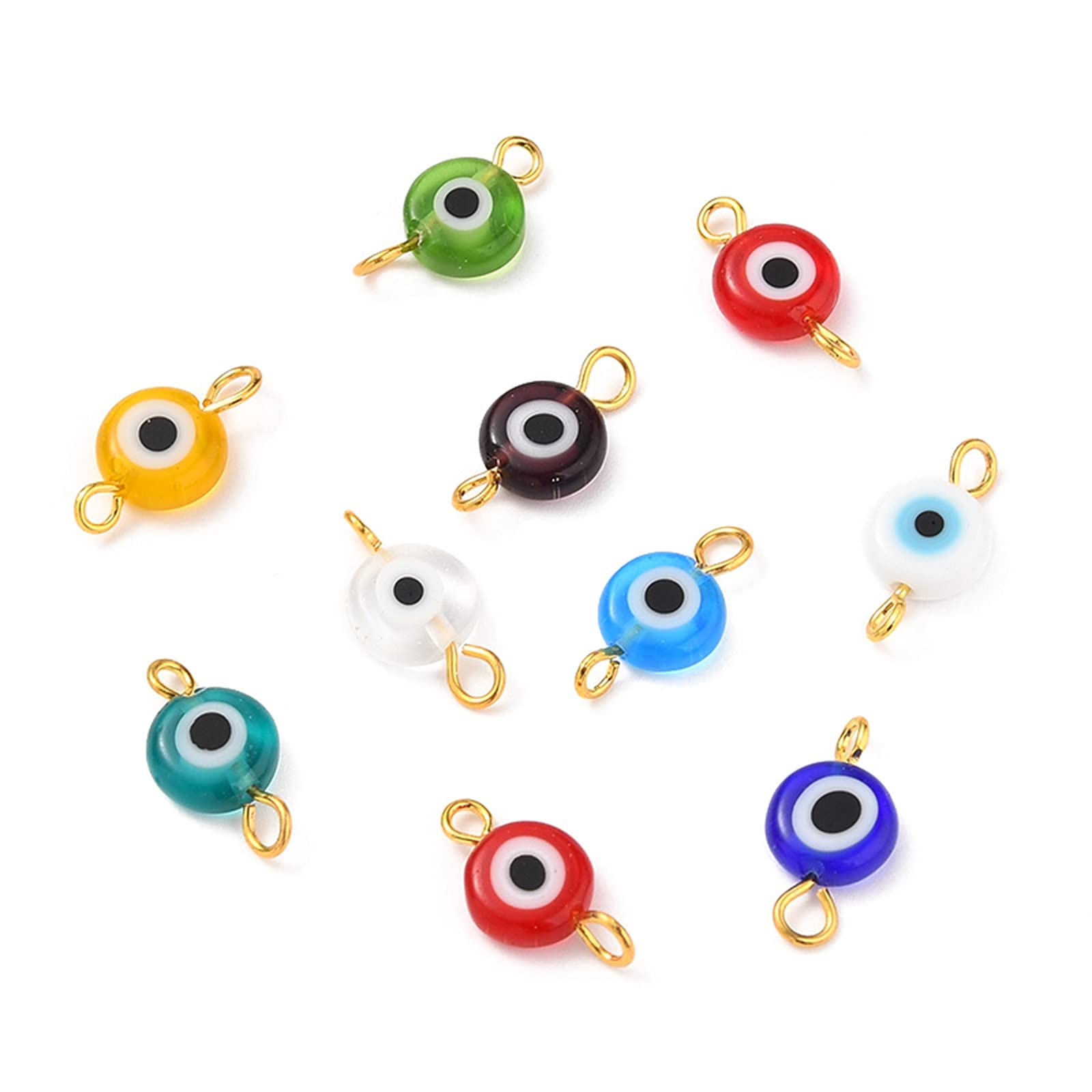 100Pcs Evil Eye Lampwork Beads Connectors - 15x8x3.5mm Mixed Color Glass Pendants with Brass Eye Pins for DIY Jewelry Making - Perfect for Necklaces, Bracelets, Earrings & Boho Style Accessories