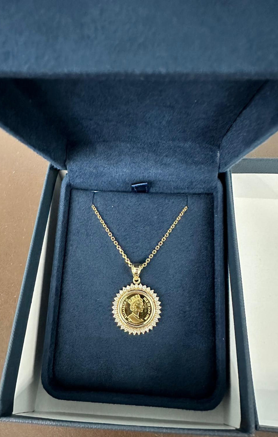 Queen Elizabeth Isle of Man Gold Coin Necklace with Diamond Halo - Vintage British Royal Jewelry for Women - Perfect Gift for Anniversary, Birthday & Special Occasions