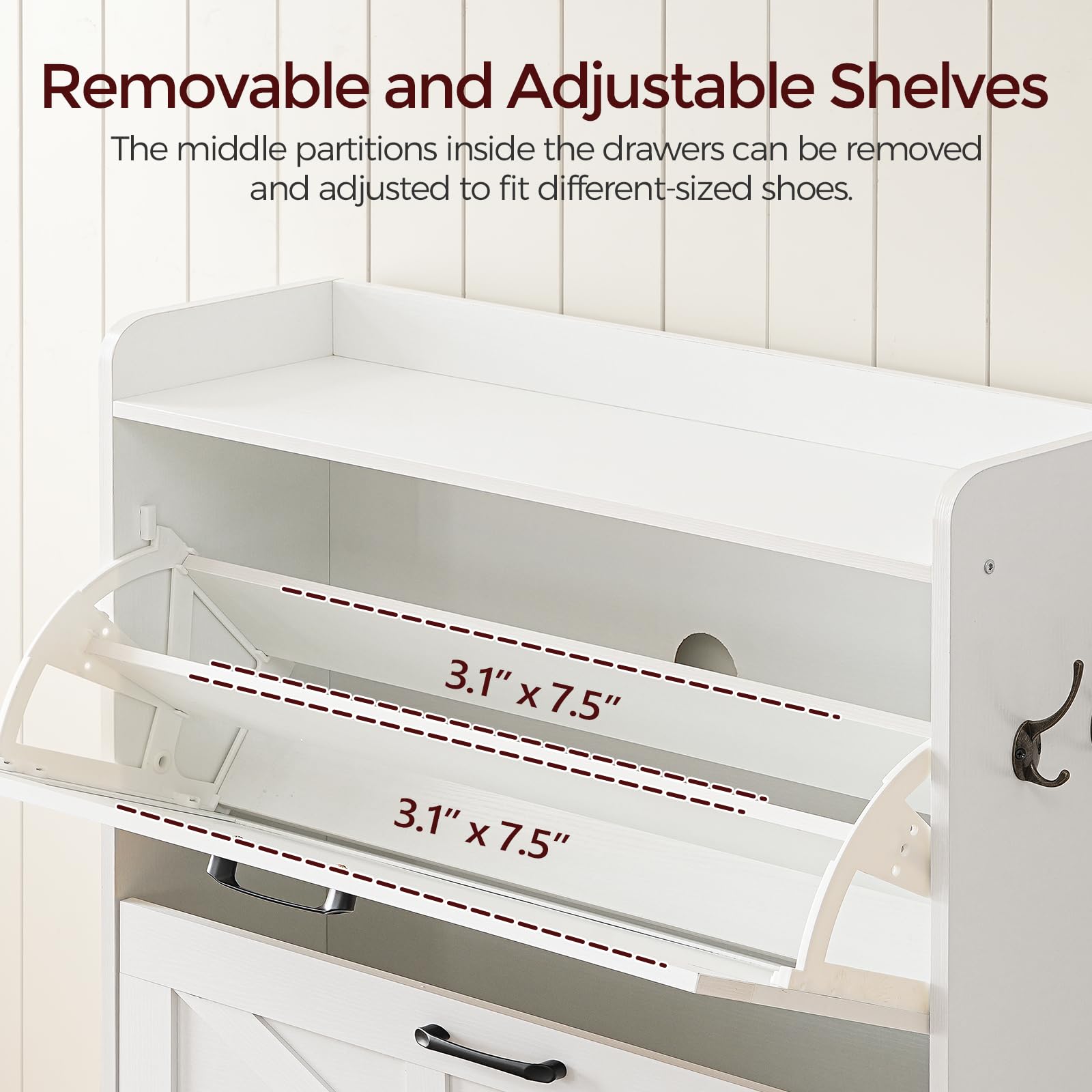 White Shoe Storage Cabinet with 2 Flip Drawers - Hidden & Open Entryway Organizer for Shoes, Boots & Accessories | Freestanding Closet Storage Solution for Hallway, Mudroom or Bedroom (Model SHWT9401)