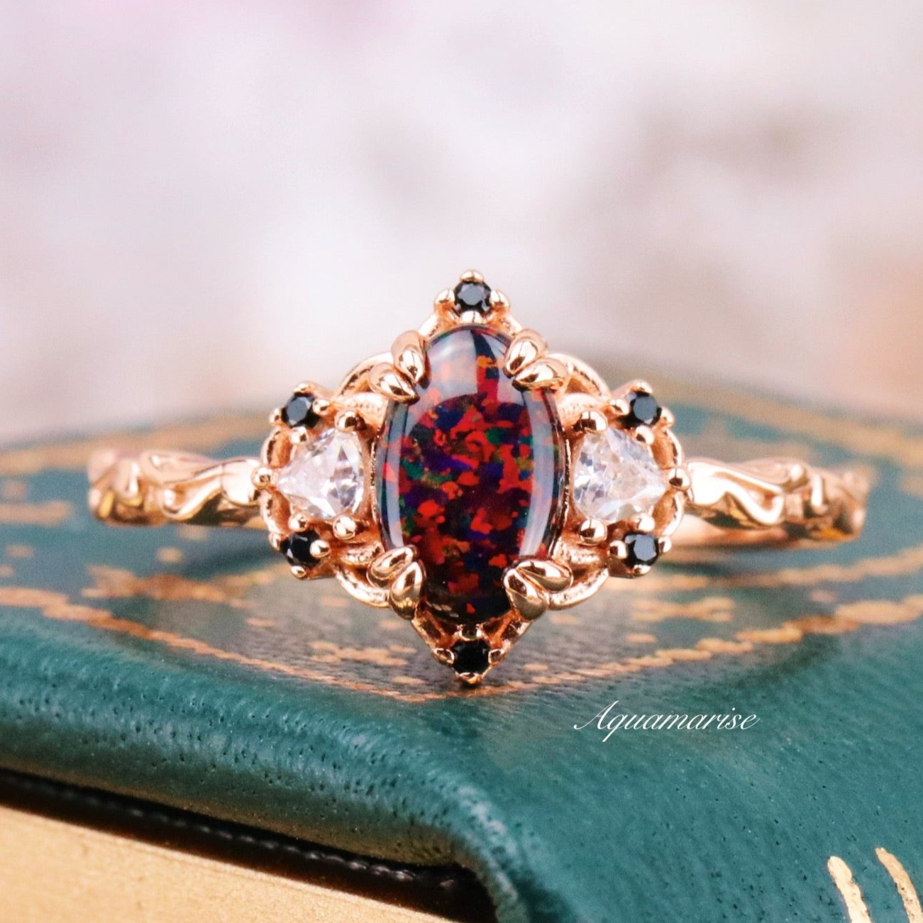 14K Rose Gold Vermeil Fire Opal Ring for Women - Elegant Black Opal Jewelry Gift for Birthday, Anniversary & Special Occasions
