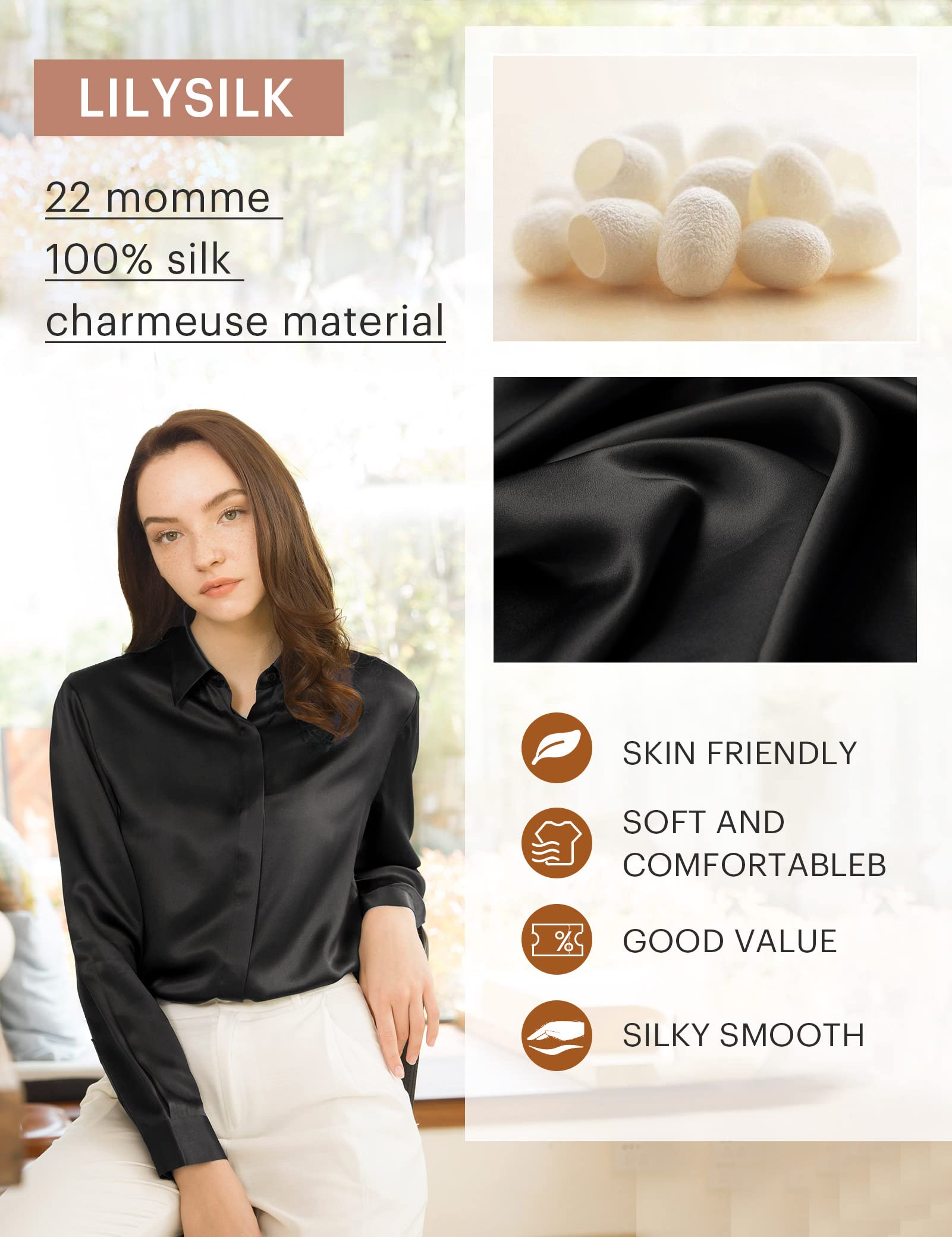 LilySilk 100% Pure Silk Blouse for Women - Long Sleeve Elegant Tops for Work & Evening Wear | Soft & Breathable Silk Shirt for Office, Party & Special Occasions
