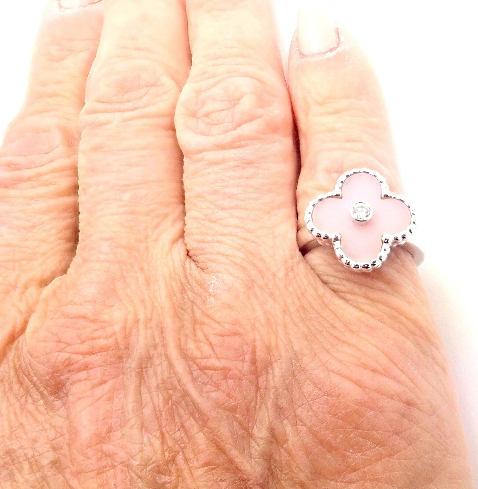 Authentic Van Cleef & Arpels Alhambra 18k White Gold Pink Opal Diamond Ring with Certificate - Luxury Jewelry for Weddings, Anniversaries & Special Occasions