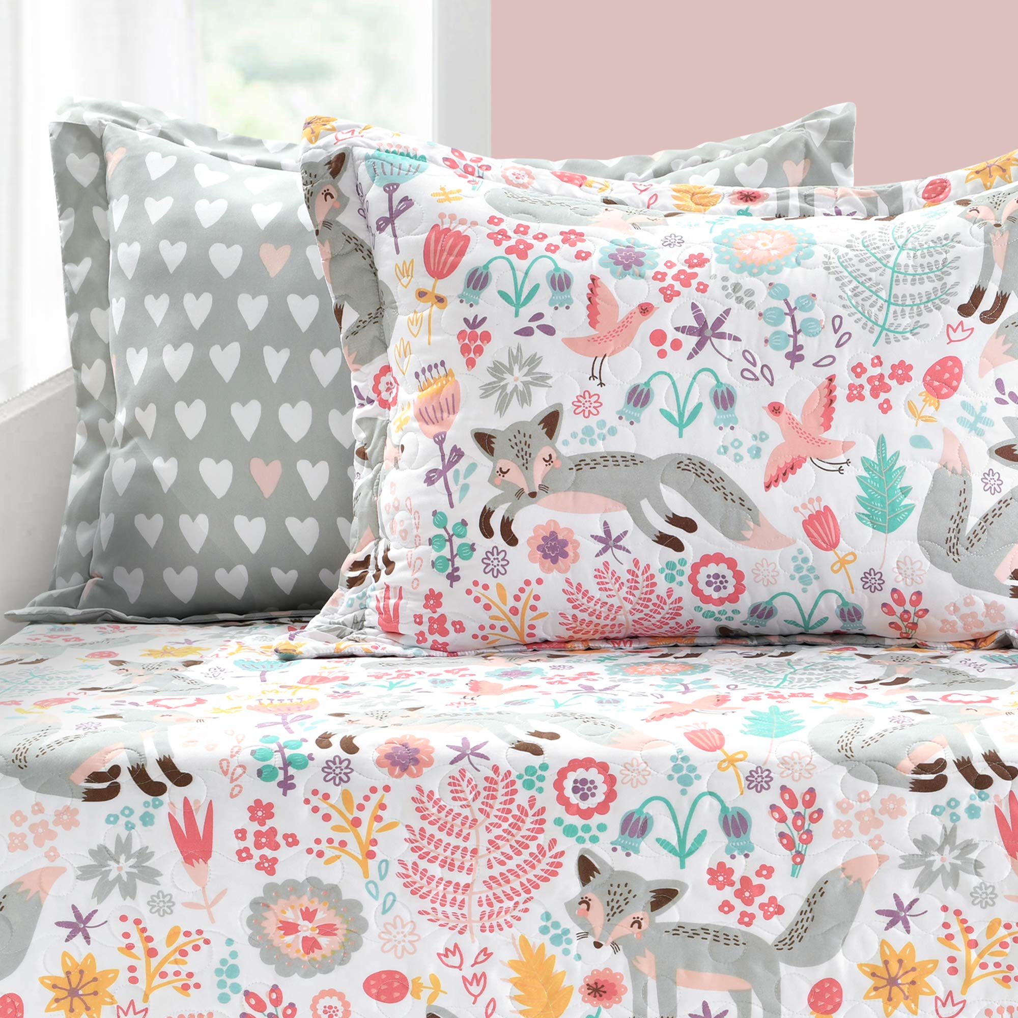 Pixie Fox Daybed Cover Set - 6-Piece Gray & Pink Floral Bedding for Girls - Woodland Kids Room Decor