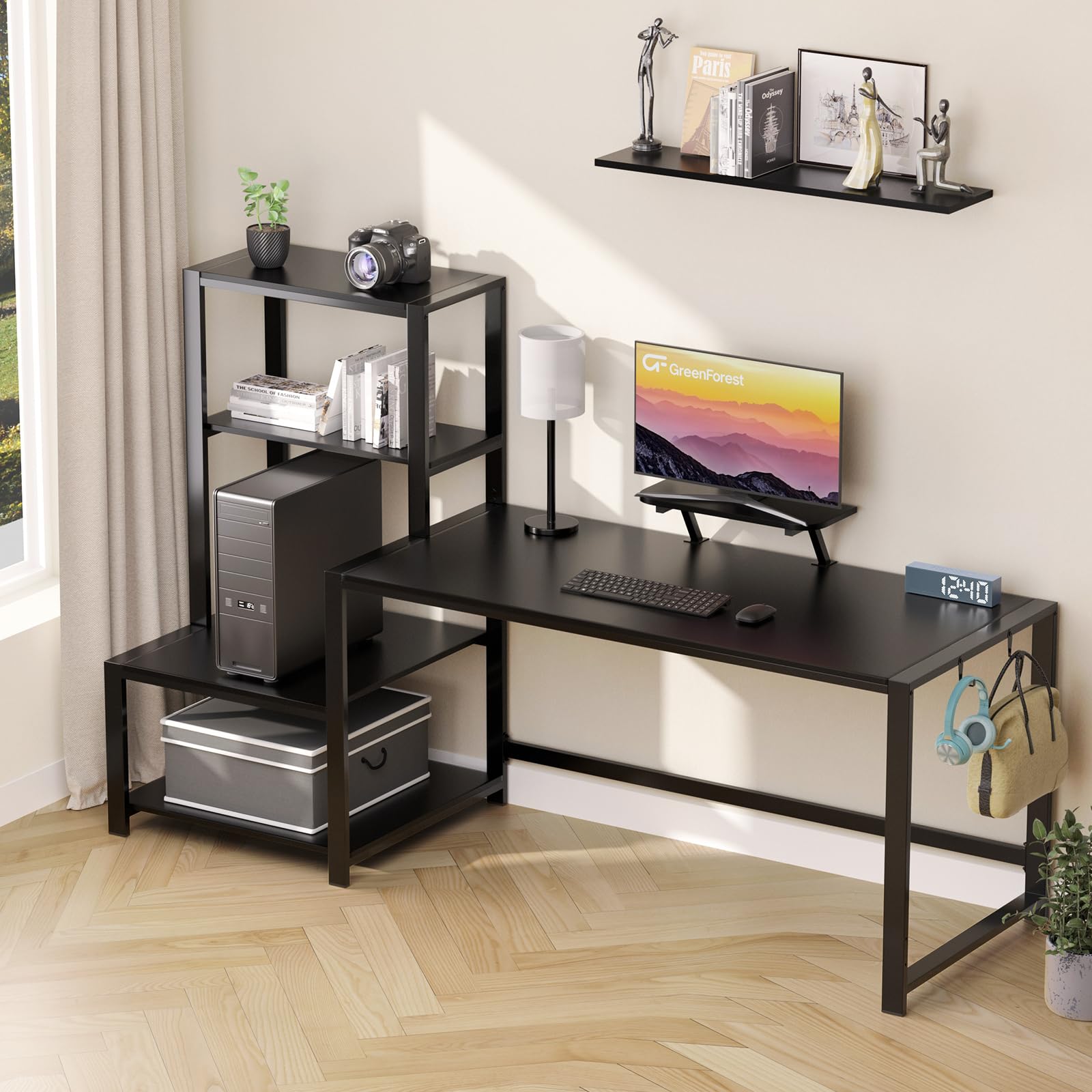 GreenForest 67-inch Computer Desk with Printer Shelf & Monitor Stand - Reversible Office Desk with 2 Hooks - Sturdy Home Workstation for Study, Writing, Working & Gaming (Black) - Perfect for Home Office, Dorm Room & Small Spaces