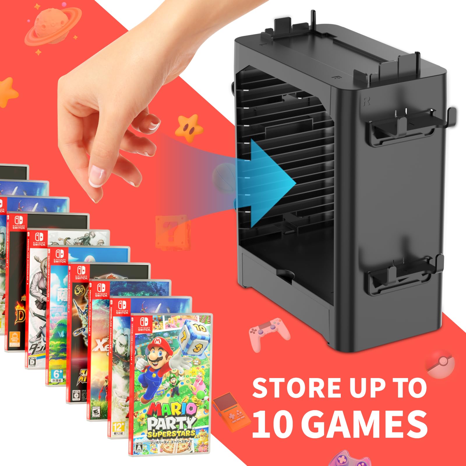 Premium Nintendo Switch/OLED Game Storage Tower - 10 Game Case Holder, 4 Controller Stand & Joy-Con Drawer | Compact Organizer for Switch Accessories | Perfect for Gaming Setup & Travel Storage
