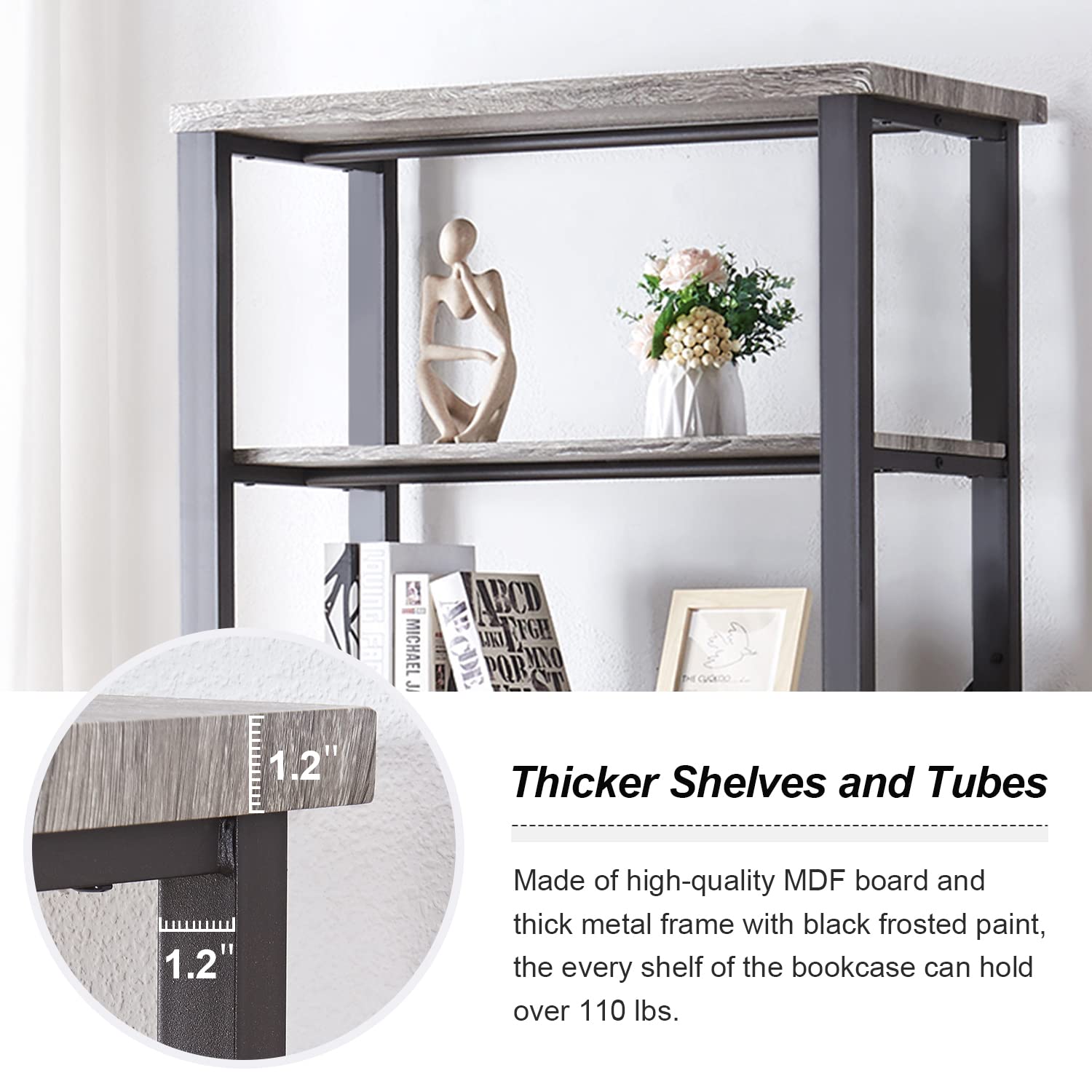 HOMBAZAAR 6-Tier Industrial Bookshelf - Grey Engineered Wood & Metal Bookcase, Tall Storage Shelf for Living Room, Office, Bedroom, Kitchen | Perfect for Organizing Books, Decor & Kitchen Supplies