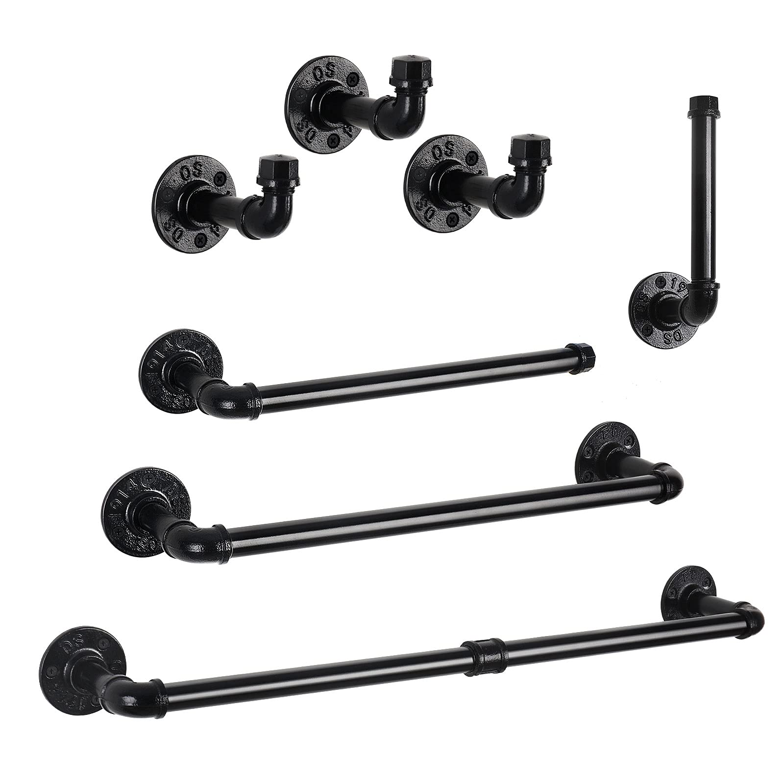MOOACE 7-Piece Industrial Pipe Bathroom Hardware Set - Heavy Duty Wall Mounted Farmhouse Towel Rack with 2 Towel Bars, 2 Toilet Paper Holders & 3 Robe Hooks - Perfect for Rustic Bathroom, Laundry Room and Vintage Home Decor