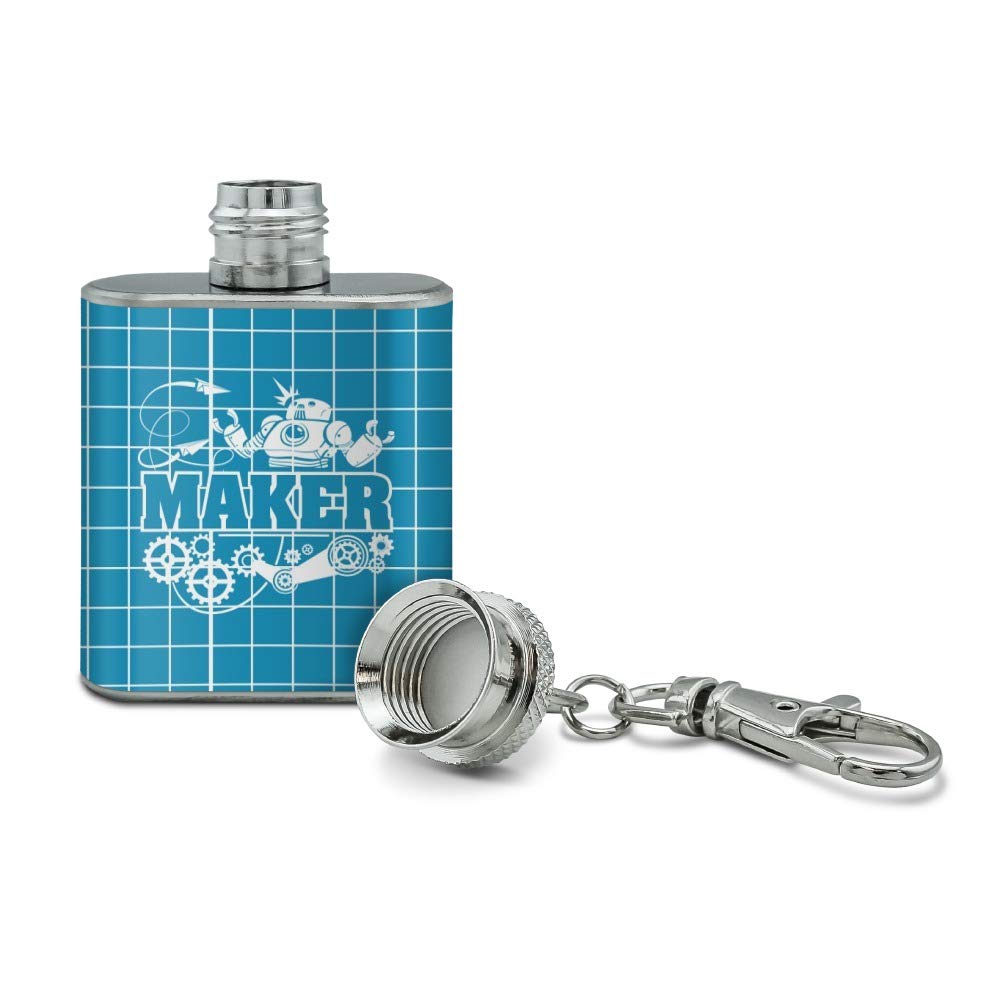 Stainless Steel 1oz Mini Flask Keychain with Robot & Gears - Maker Blueprint Design - Perfect for DIY Enthusiasts, Gifts & Everyday Carry