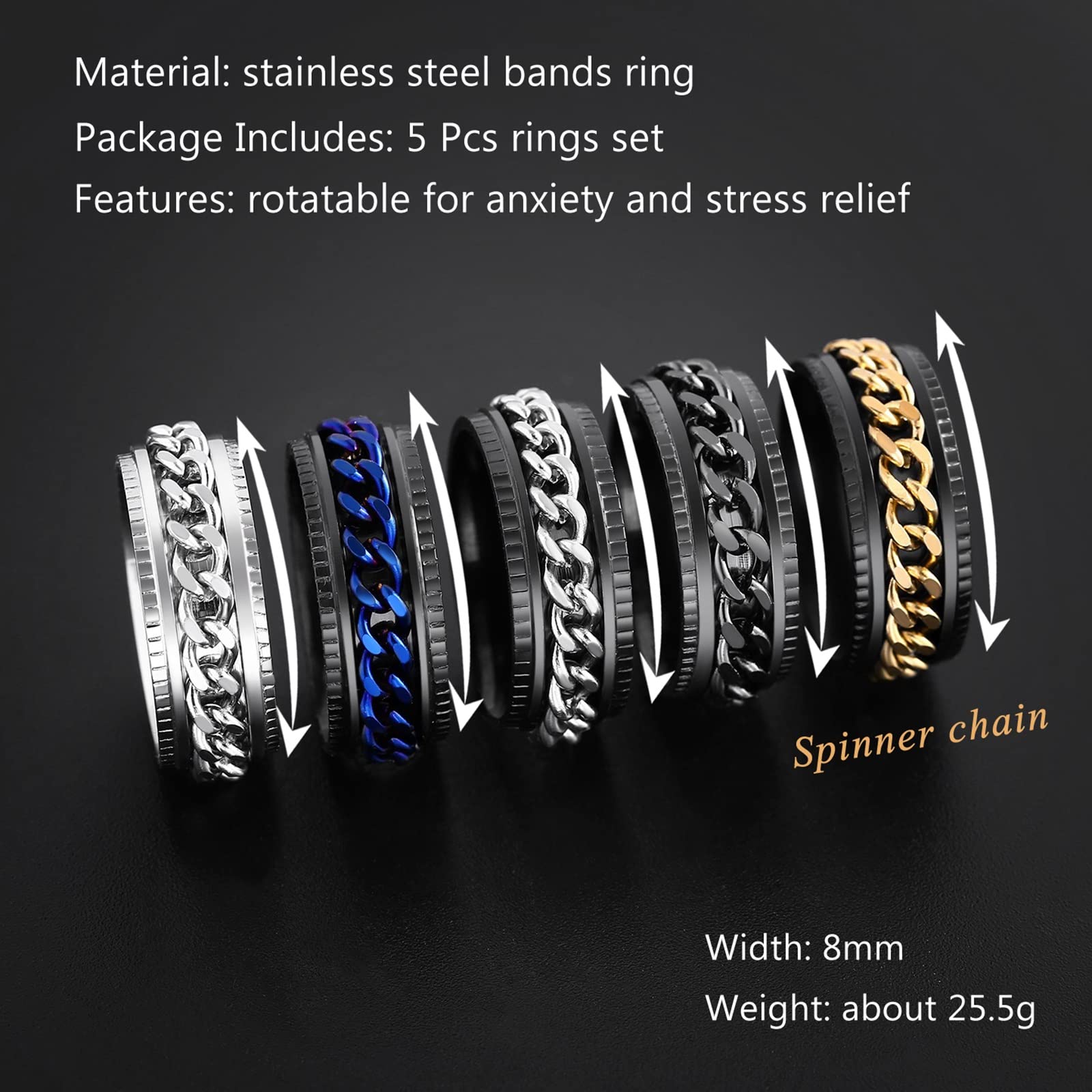 **Anxiety Relief Fidget Rings for Women & Men - 8MM Stainless Steel Intertwined Curb Chain Rings Set (5pcs) - Stress Relief Therapy Jewelry in Silver/Gold/Black/Blue - Sizes 6-13 - Perfect for ADHD, Anxiety, Focus & Office Use**