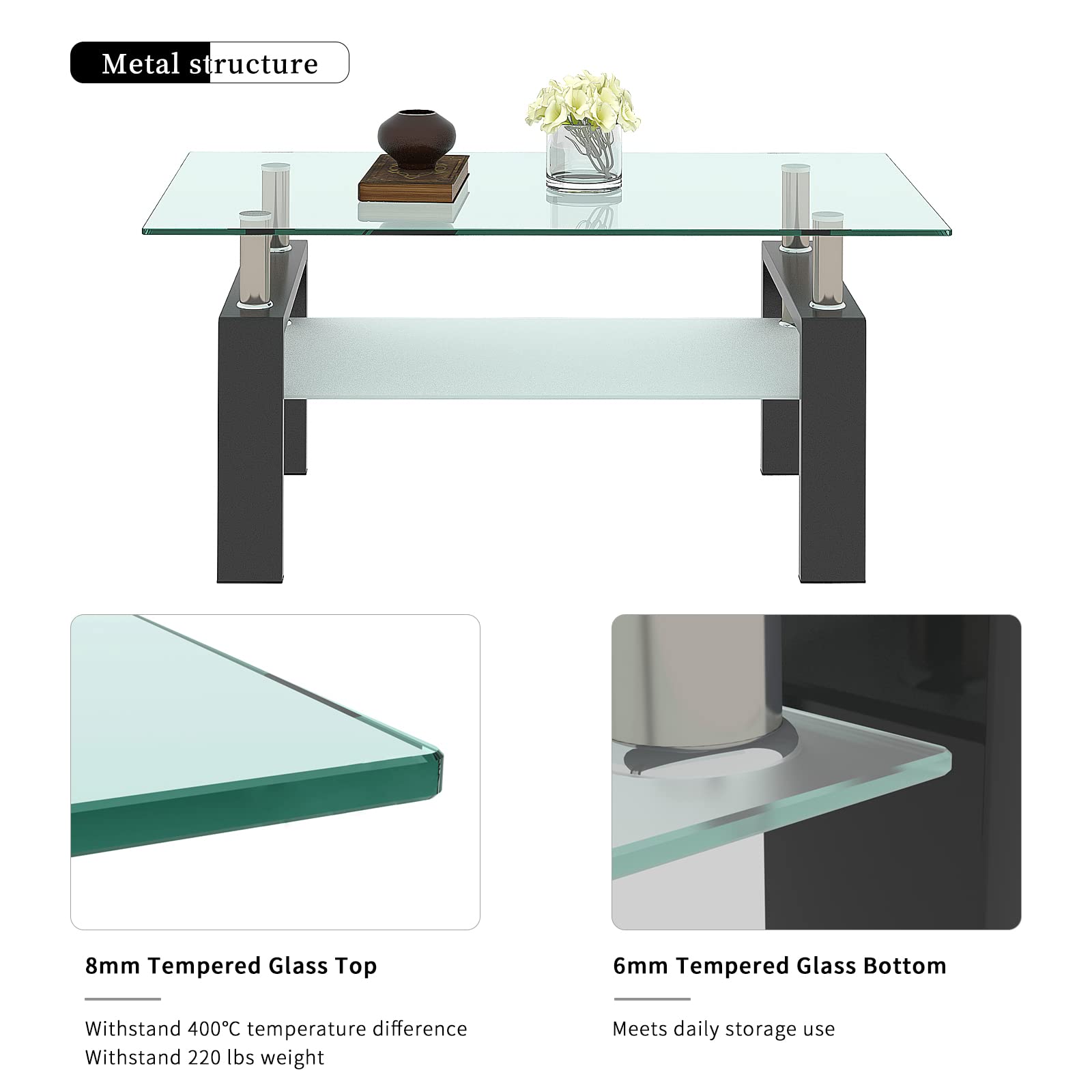 3-Piece Glass Coffee Table Set with Black Metal Legs & Clear Tempered Glass - Modern Living Room Furniture for Home Decor, Office, Lounge & Entertainment Spaces
