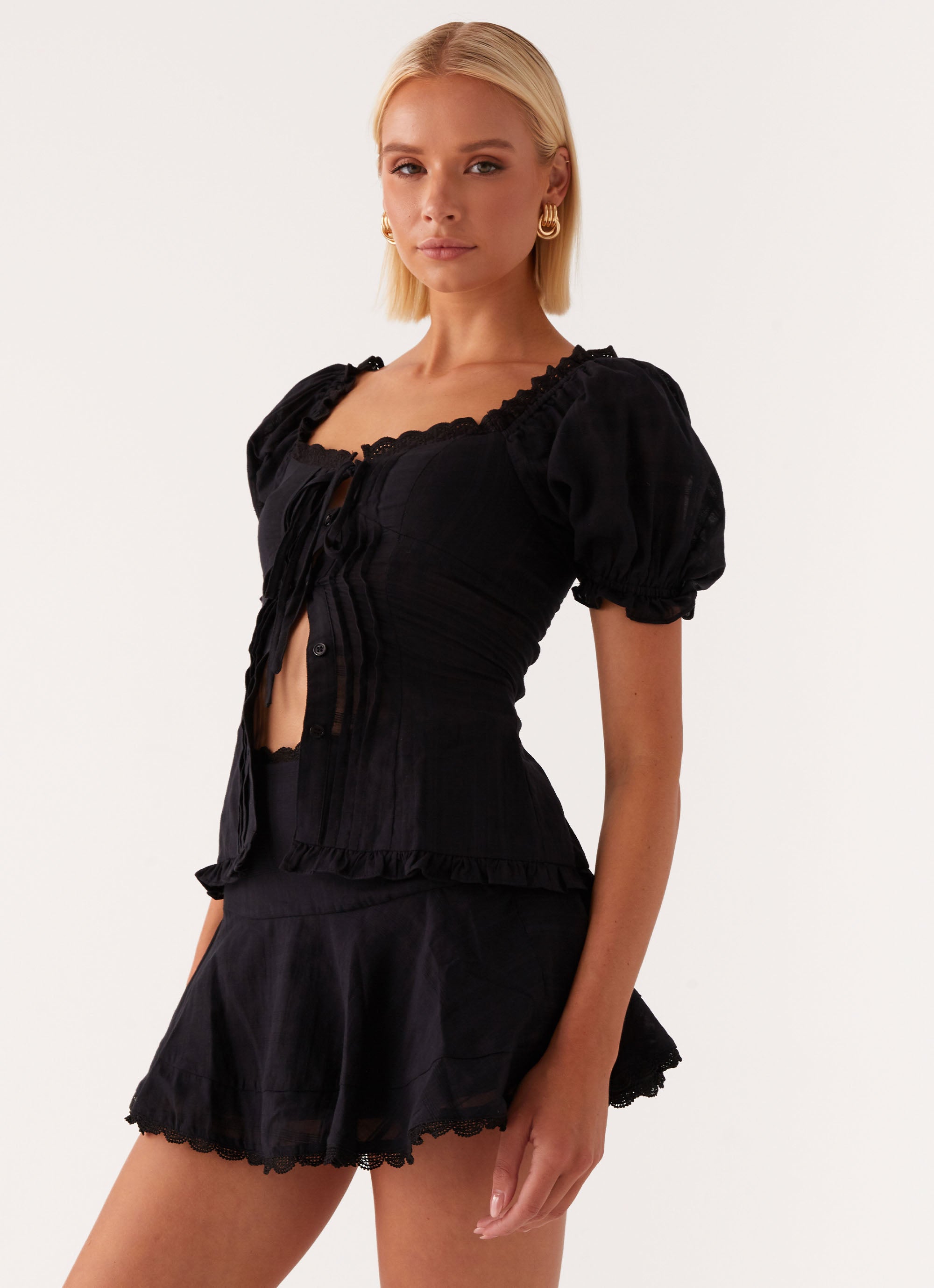 100% Cotton Puff Sleeve Blouse for Women - Elegant Black Tunic Top for Casual Wear & Office Outfits