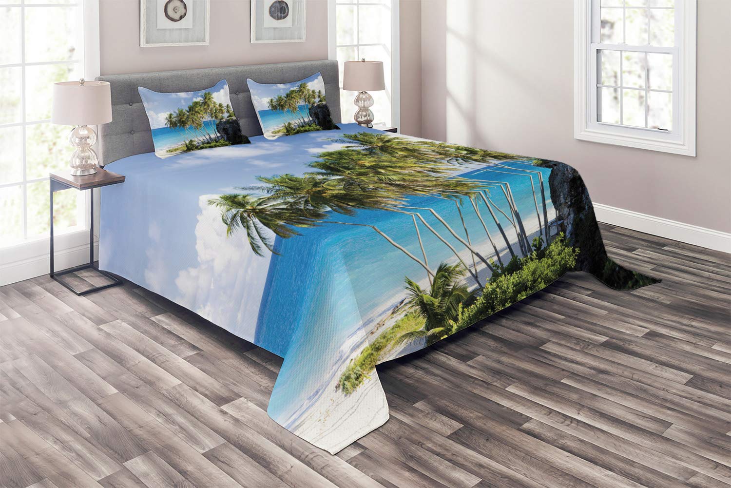 Ambesonne King Size 3-Piece Quilted Bedspread Set with 2 Pillow Shams - Caribbean Island Palm Tree Ocean Print Travel Themed Coverlet in Cream Blue - Perfect for Beach House Decor, Tropical Bedroom Design & Vacation Home Styling