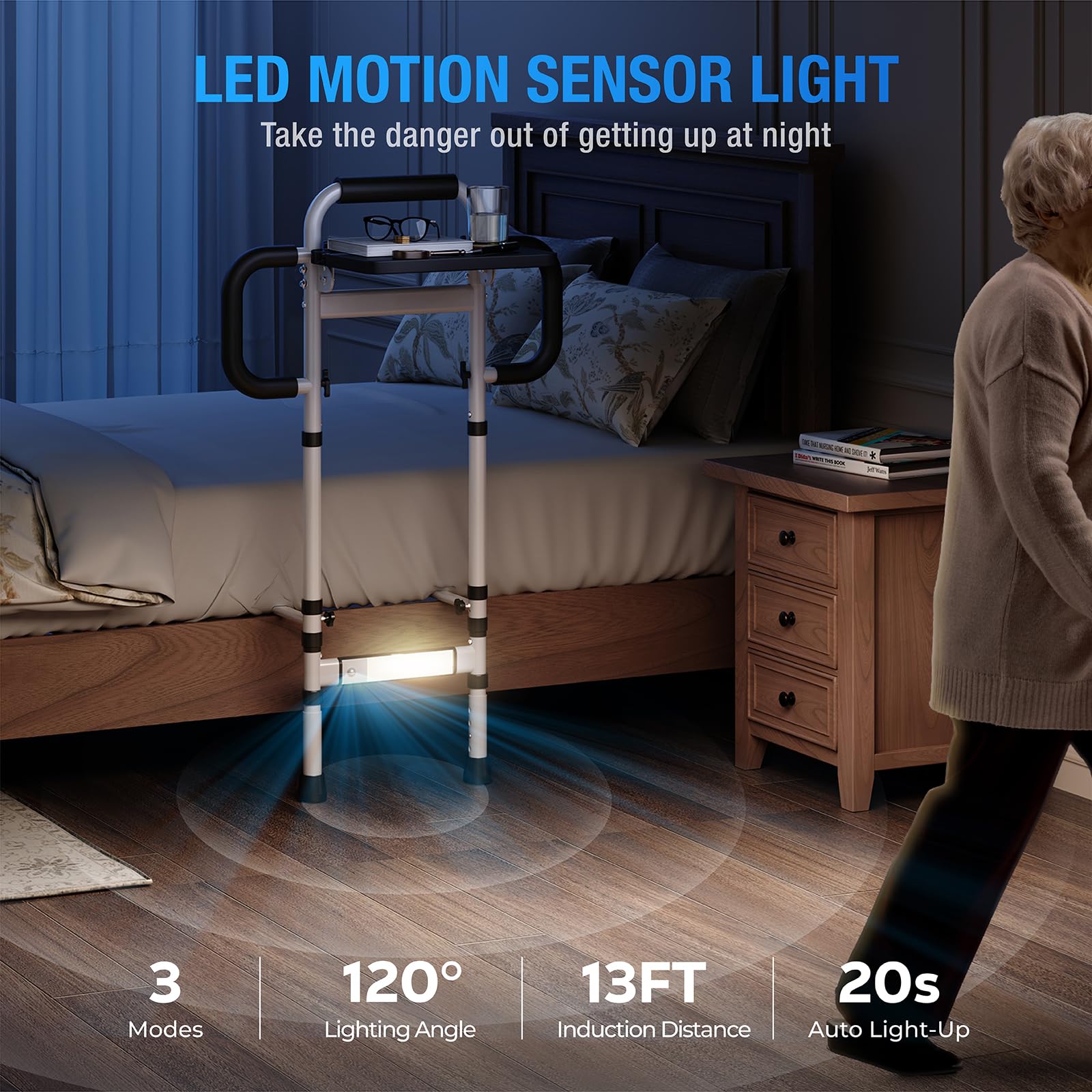 **Adjustable Bed Rails for Elderly Adults - Safety Bed Assist Rail with Non-Slip Handle, Foldable Desk & Motion Sensor Light - Supports Up to 350 lbs - FSA/HSA Eligible - Fits King, Queen, Full & Twin Beds - Ideal for Home Care, Hospitals & Mobility Assistance**