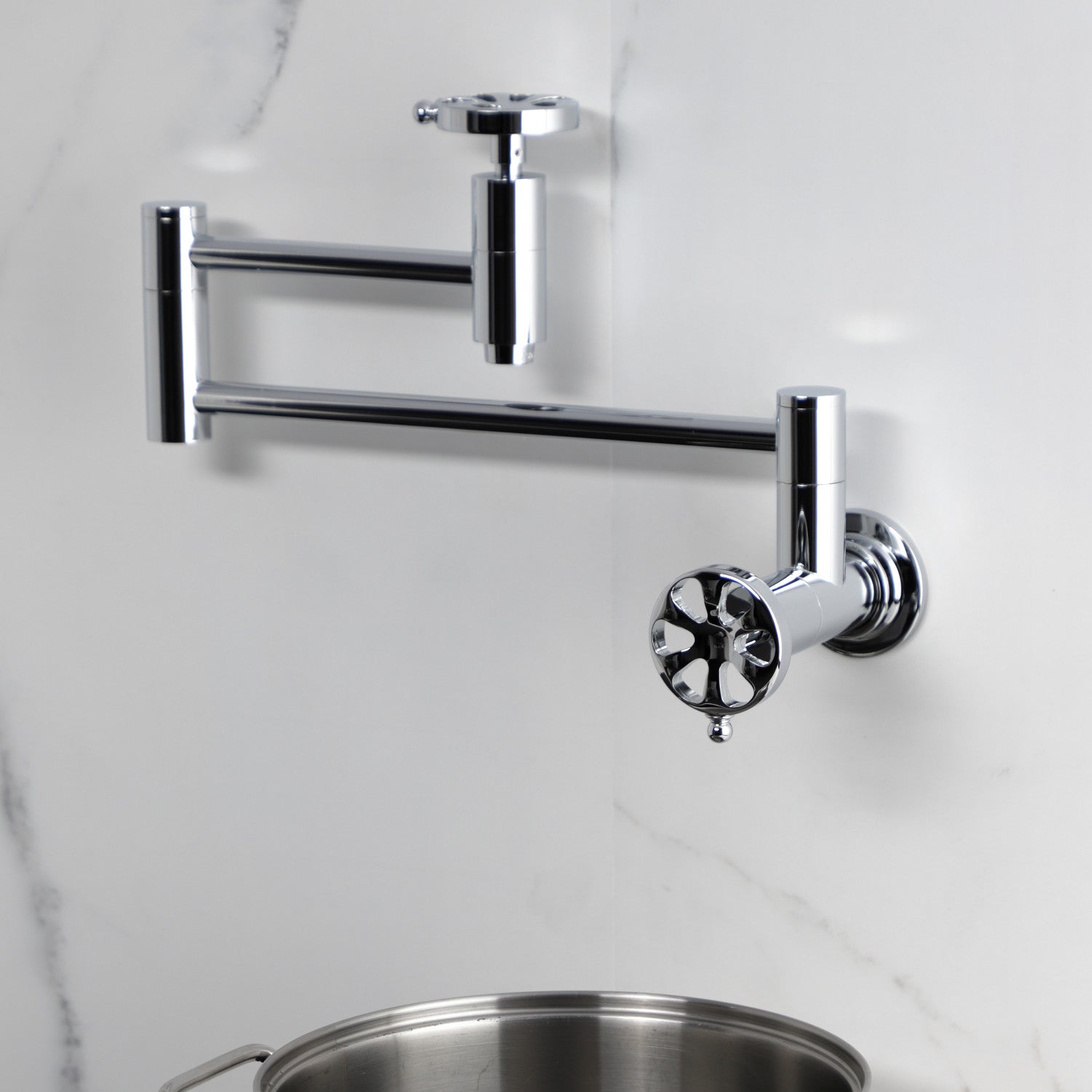 Belknap KS8101RX Two Handle Wall Mount Pot Filler Faucet - Polished Chrome Finish - Ideal for Kitchen Sink, Stove & Cooking Area