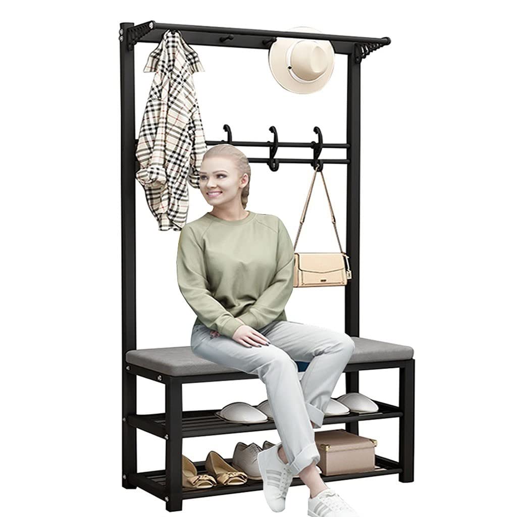 3-in-1 Entryway Organizer - Coat Rack Shoe Bench with Seat Cushion, 9 Hooks & Hanging Bars, Metal Frame Storage Shelf for Hallway, Home Office, Bedroom - Perfect for Small Space Organization & Shoe Storage at Entrance