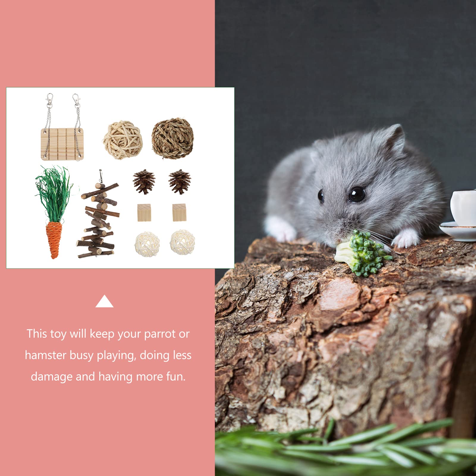 Balacoo 11-Piece Hamster Chew Toys Set - Natural Rattan & Wooden Chewing Toys for Rabbits, Guinea Pigs & Small Pets - Teeth Grinding & Molar Care - Fun Paper Shredder & Weaving Toys for Critters - Perfect for Cage Enrichment & Playtime