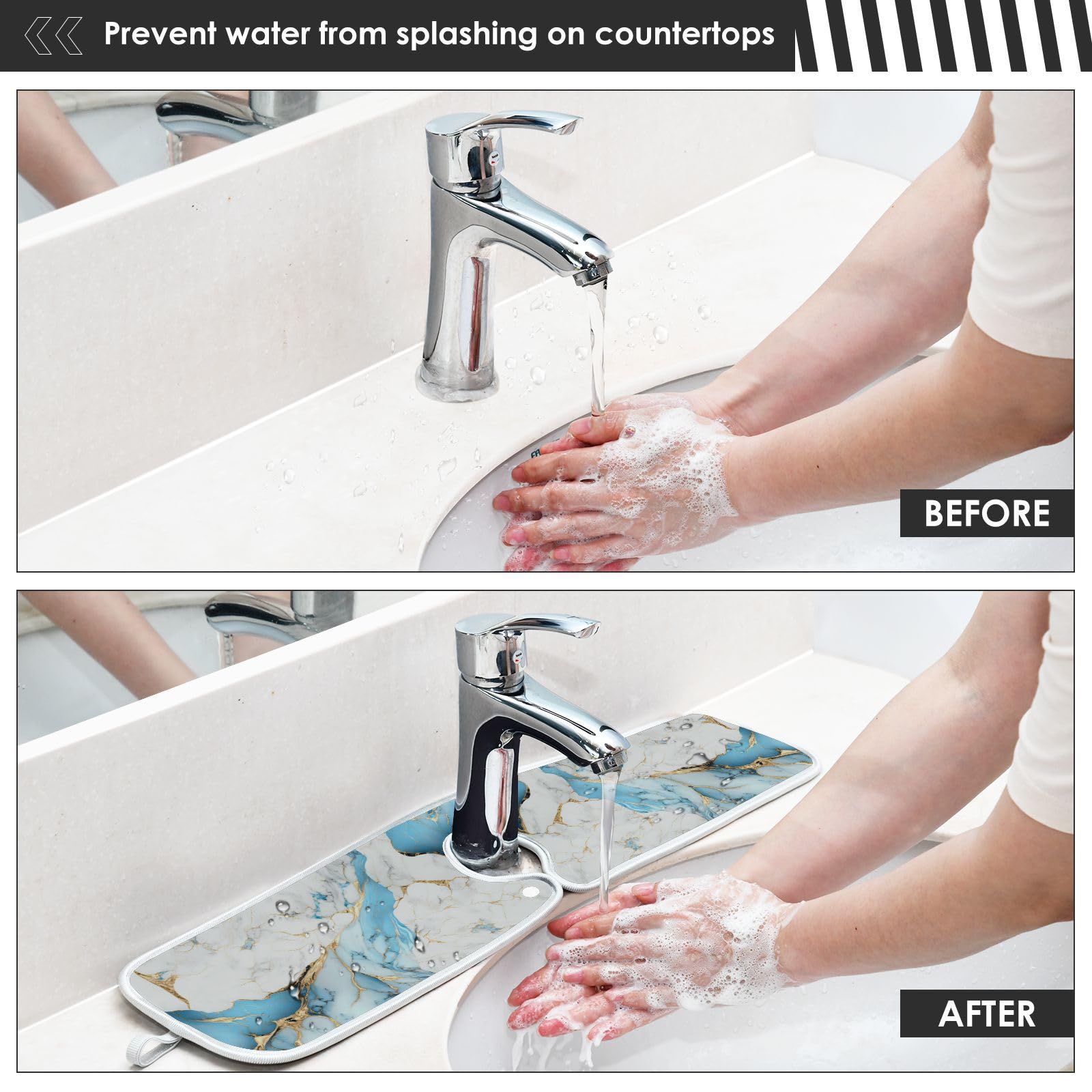 2 Pack Sink Splash Guard - Light Blue & White Marble Absorbent Kitchen Faucet Mat | Drip Catcher & Drying Mat for Farmhouse Bathroom & Bar | Perfect for Kitchen Sink, Bathroom Vanity & RV Use